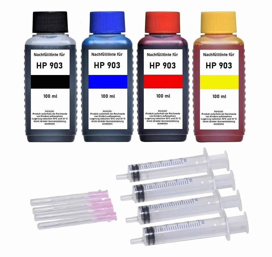 Kit de recarga – 4 x 100 ML de tinta compatible con HP 903 (XL) negro/cian/magenta/amarillo (T6M15AE T6L99AE HP T6M03AE T6L87AE T6M07AE T6L91AE T6M11AE T6L95AE)
