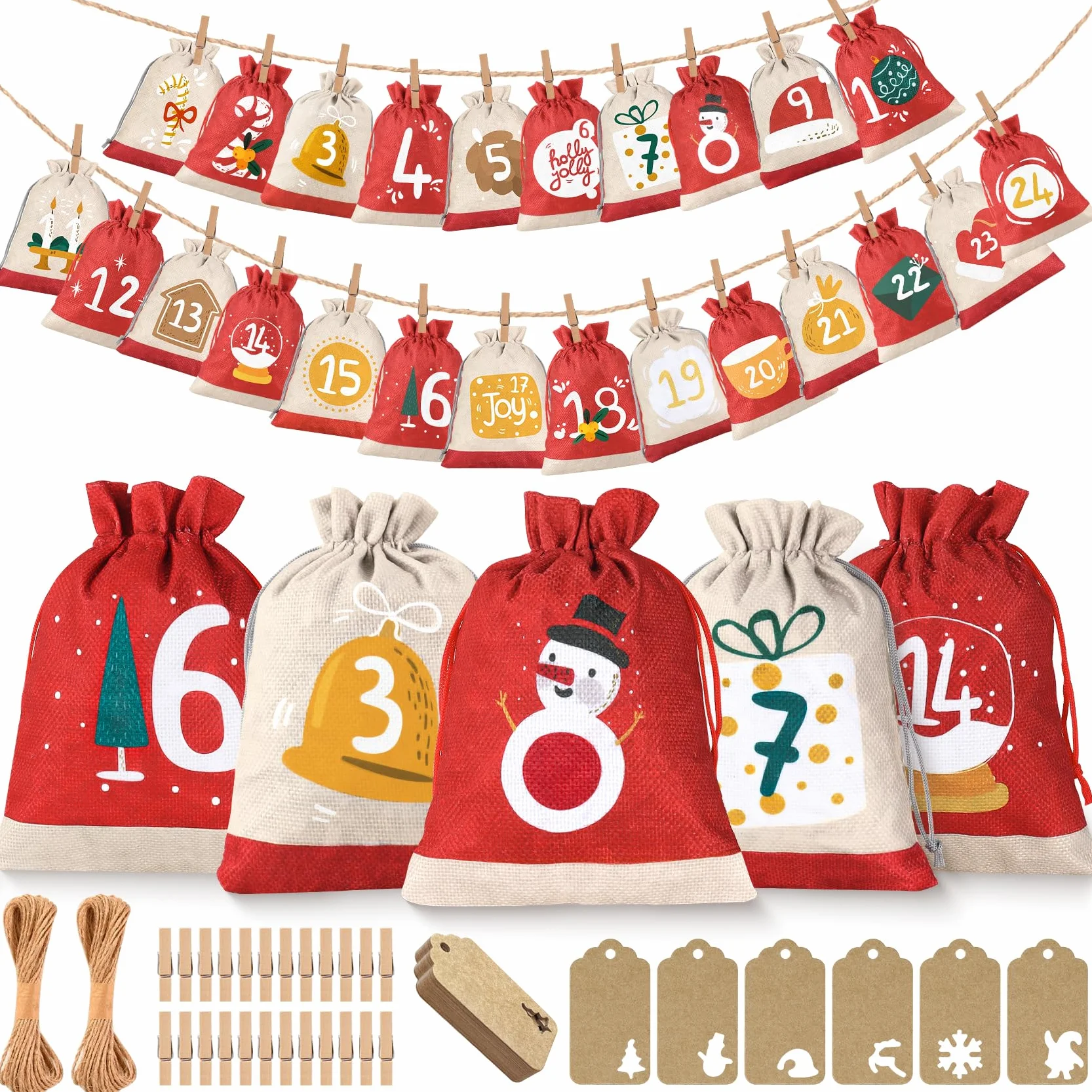 Calendario Adviento para Rellenar Tela 2025, 18x13 cm, Bolsas de Yute DIY 24 Piezas