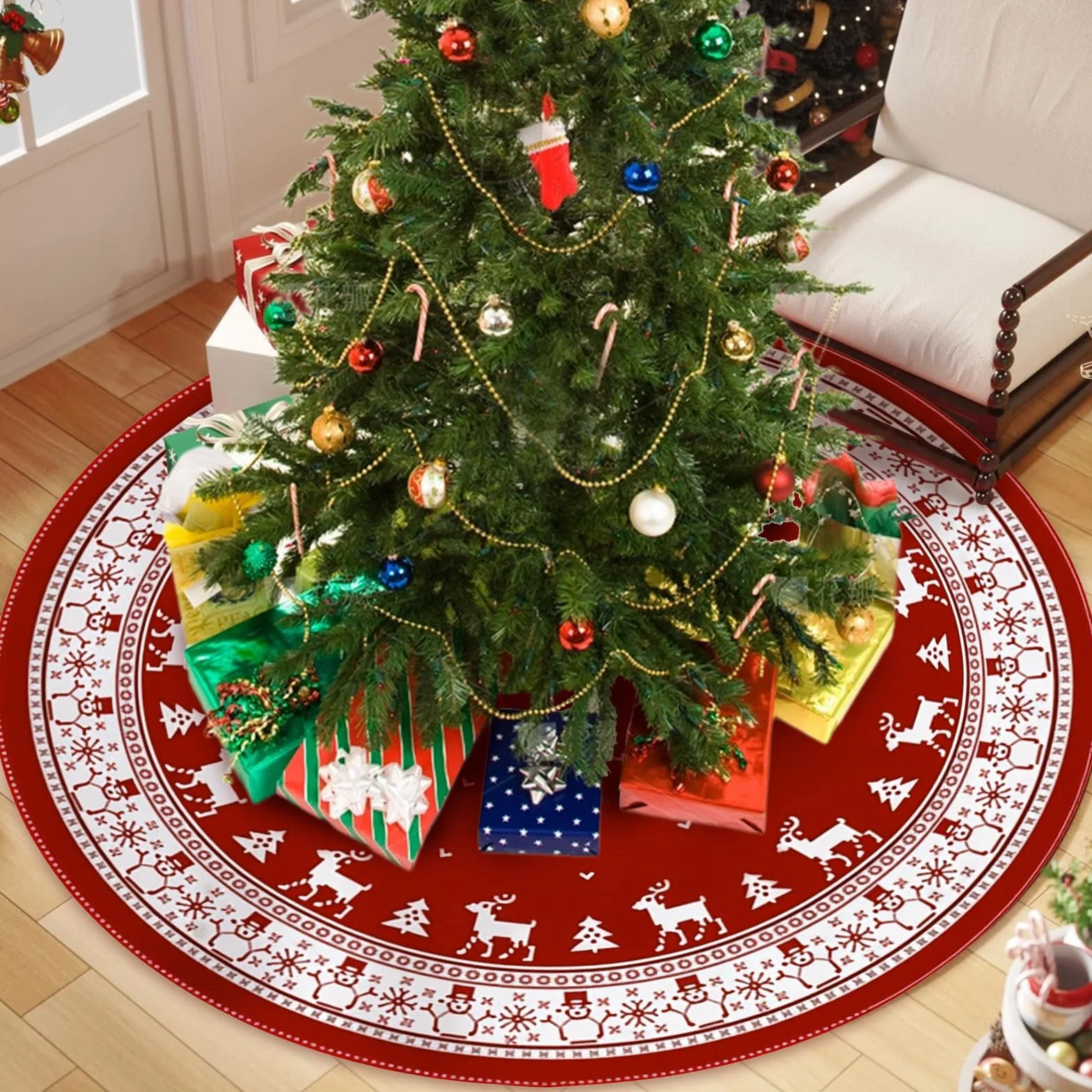 Falda de Árbol de Navidad Rojo, Felpa Cubre Pie Grande, Alfombra Redonda Navideña