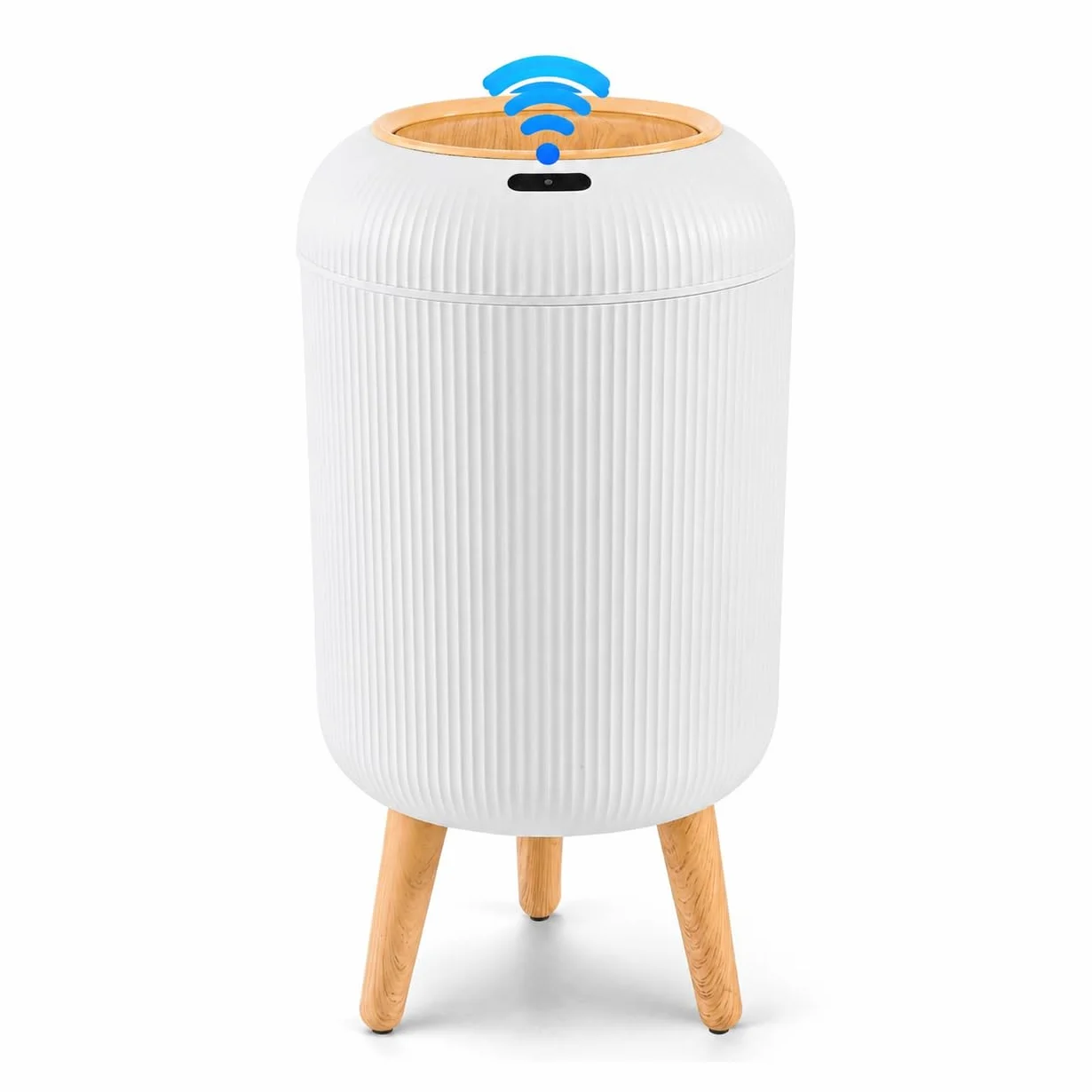 Papelera Automática 10L con Sensor para Baño, Blanca - Cubo Basura Inteligente con Diseño Redondo Elegante, Patas de Madera y Apertura Sin Contacto para Salón, Dormitorio u Oficina (10L)