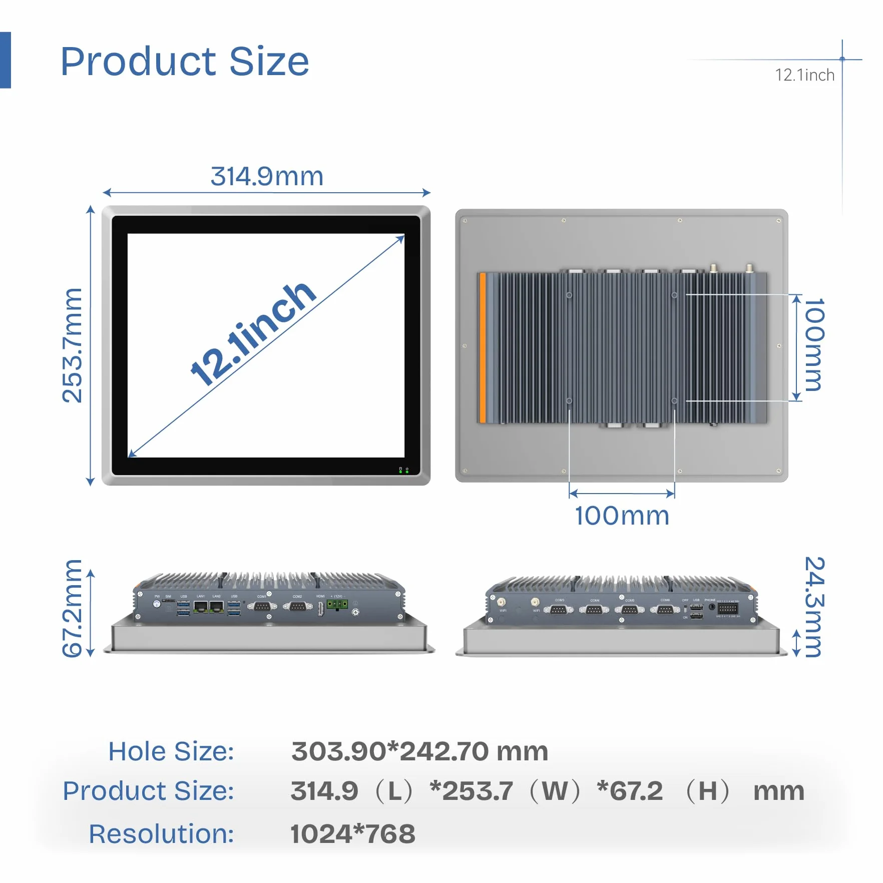 Panel PC Industrial Integrado de 12,1",Todo en uno,Táctil Capacitiva,sin Ventilador,IP65,Windows 11 Pro,Encendido automático,2×LAN,HDMI,6×USB,2×RS485,4×RS232 (i7-10710U,16 GB RAM,512 GB SSD)