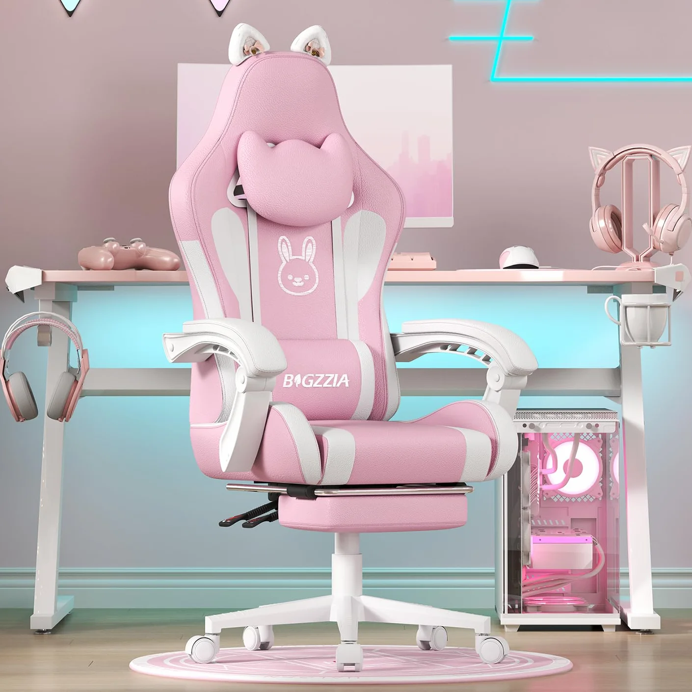 bigzzia Silla Gaming Ergonómica con Orejas de Gato Ajustable Altura Reposacabezas Soporte Lumbar Masaje Blanco Rosado