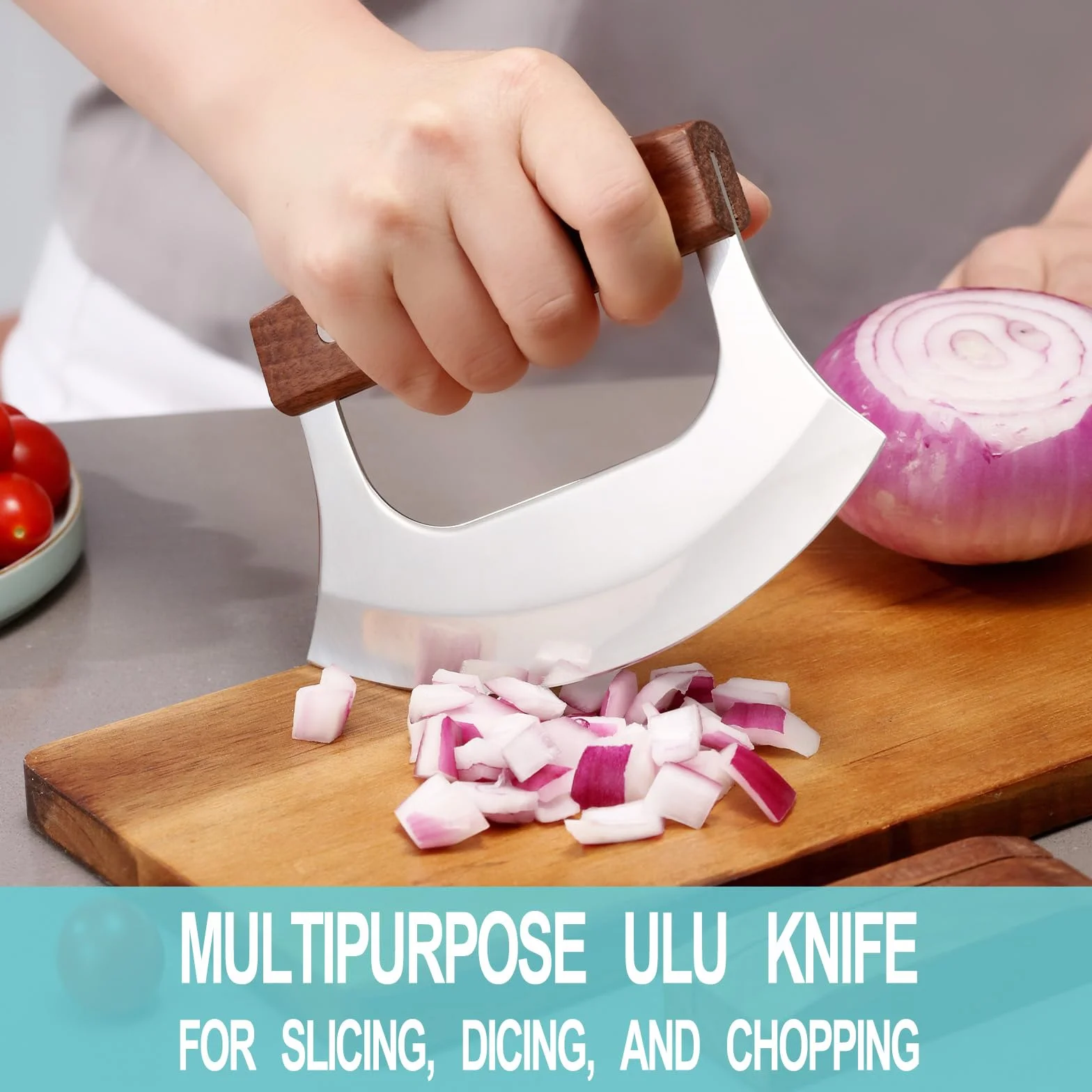 WEERSHUNCoowolf Ulu Knife Pizza Cutter Rocker Mezzaluna with Base Walnutwood Stainless Steel Blades for Chopping Herbs Salads