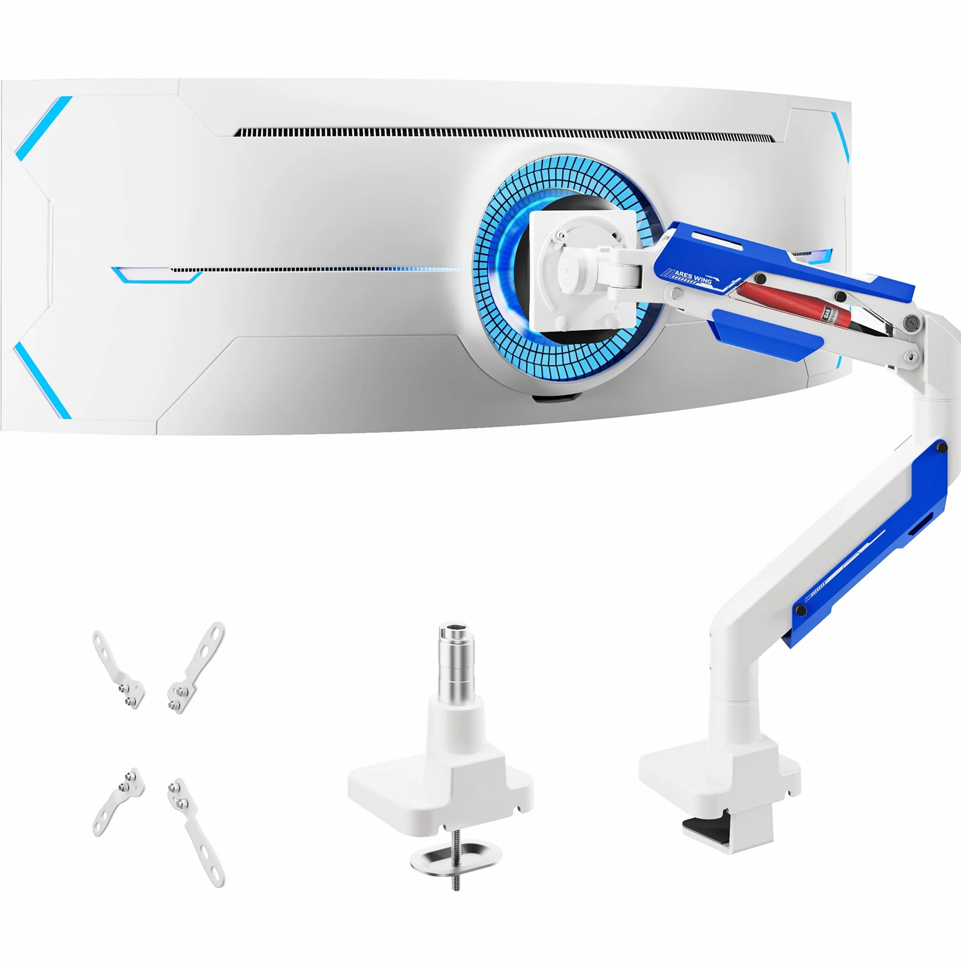 ARES WING Brazo de Monitor Ultra Ancho Resistente para Pantallas de 57 Pulgadas de hasta 30kgs, Soporte de Escritorio para TV y Monitor diseñado para Samsung Odyssey Ark, Neo G9, ViewFinity S9 y más
