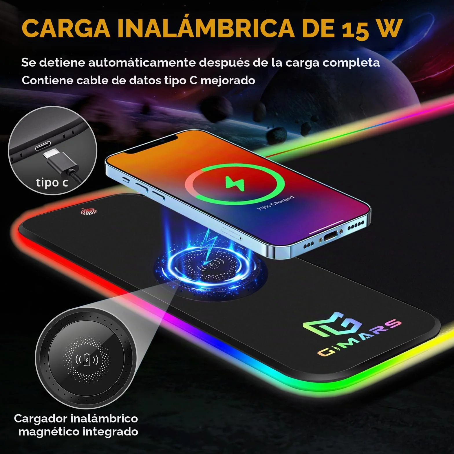 Gimars Alfombrilla Ratón Gaming RGB con 15W Carga Inalámbrica, 800×300mm Mousepad XXL con 10 Modos Iluminación LED, Tapete Rato Impermeable Base Antideslizante para Escritorio Oficina Gamer