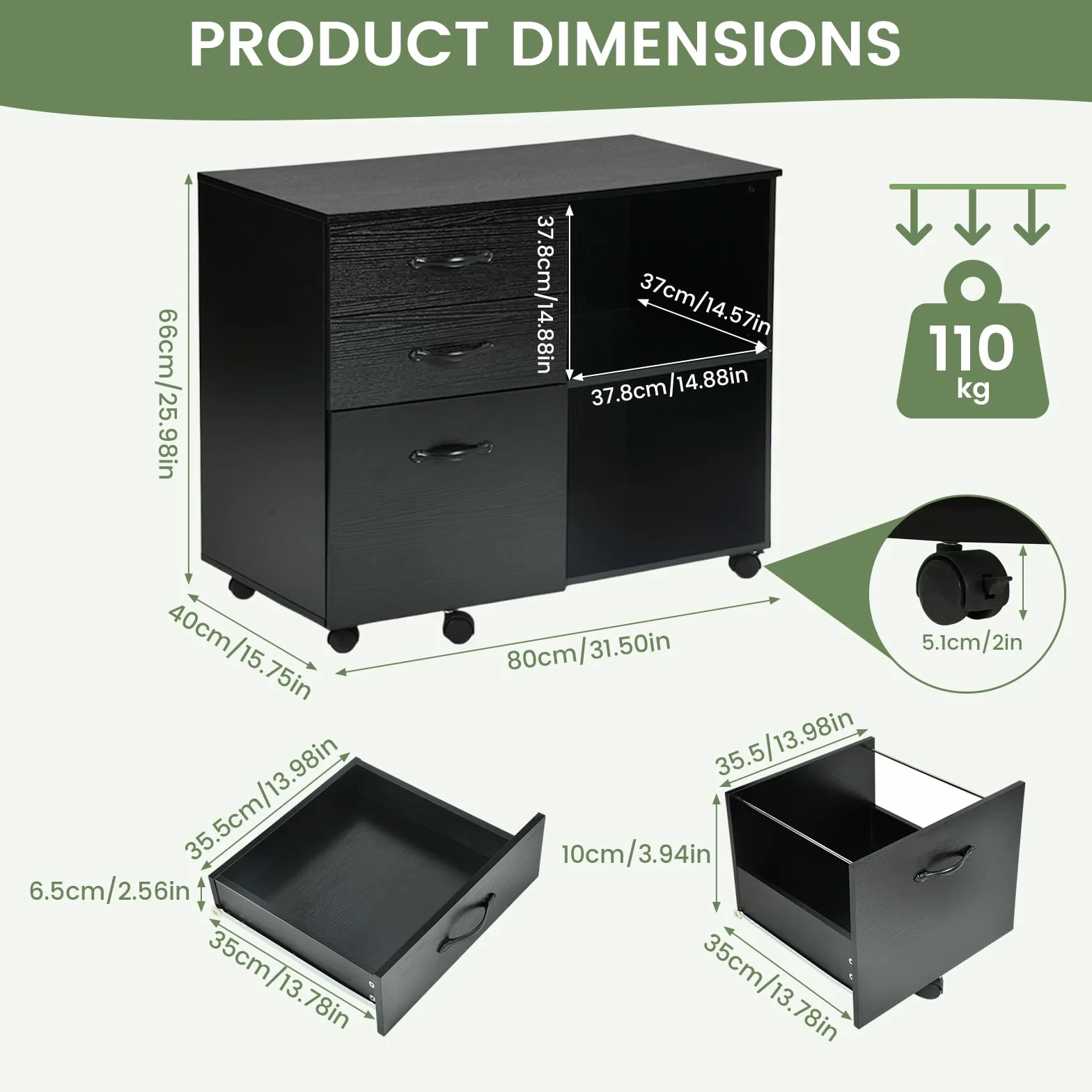 Cajonera Oficina Escritorio 3 Cajones Armario Archivador Móvil 5 Ruedas Soporte Impresora Estantes Abiertos 80x40x66cm Negro