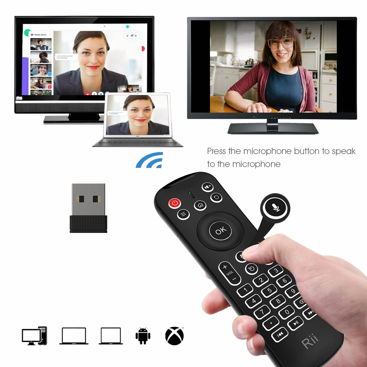 Rii MX6+ Wireless + IR - Control Remoto con Gyro Mouse, Teclado retroiluminado y micrófono para Android Smart TV, TV Box, PC y Mac