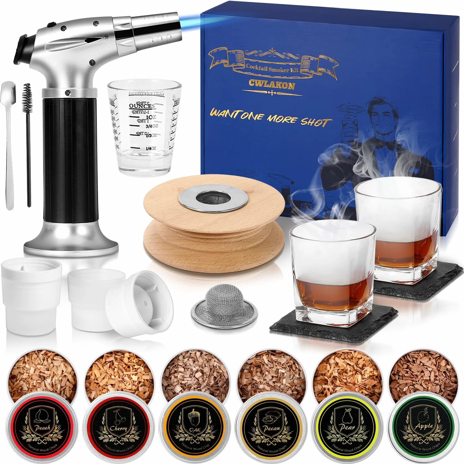 CWLAKON Kit de Fumador de Cóctel con Antorcha para Whisky Bourbon Old Fashioned con 6 Chips de Madera