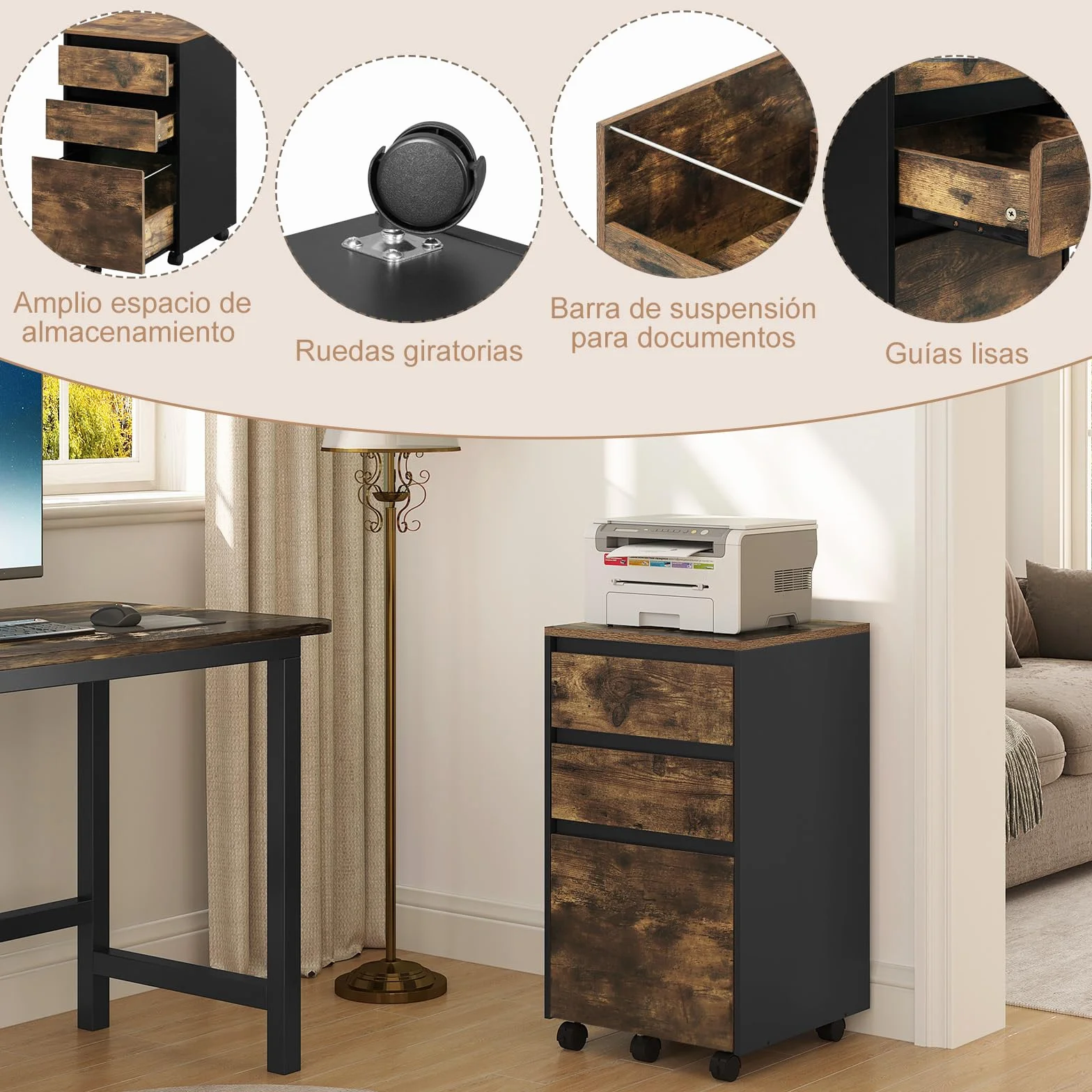 WOLTU Archivador Móvil 3 Cajones Cajonera 5 Ruedas Roble Marrón Negro 40x40x71.5 cm