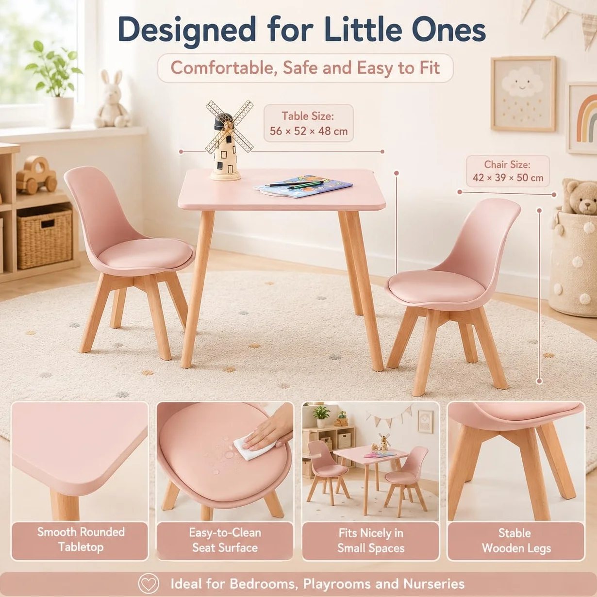 EGGREE Silla Infantil con Patas de Madera, Altura Asiento 33 cm, Rosa
