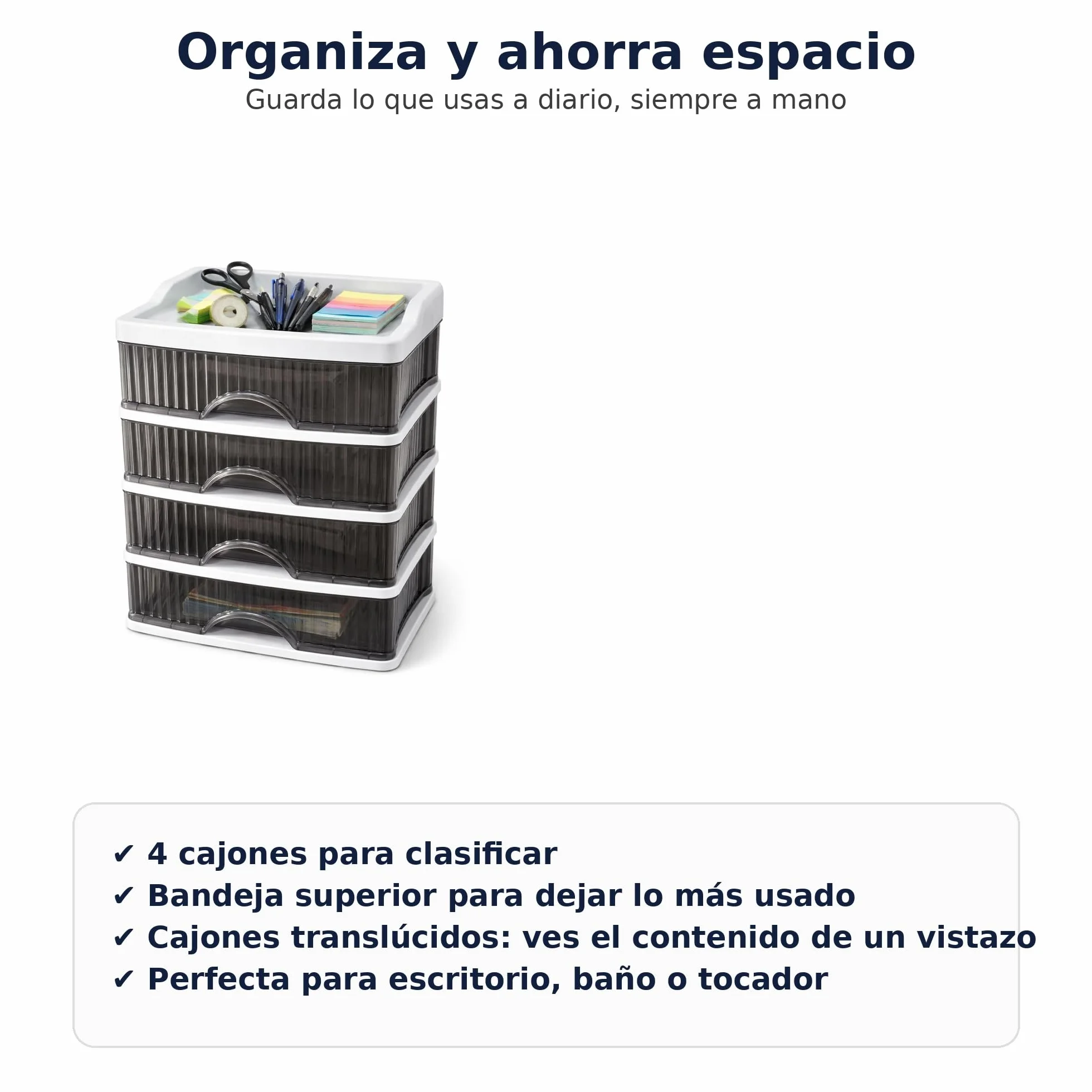 Cajonera de Plástico 4 Cajones Transparente Ahumado Organizador Escritorio Hogar