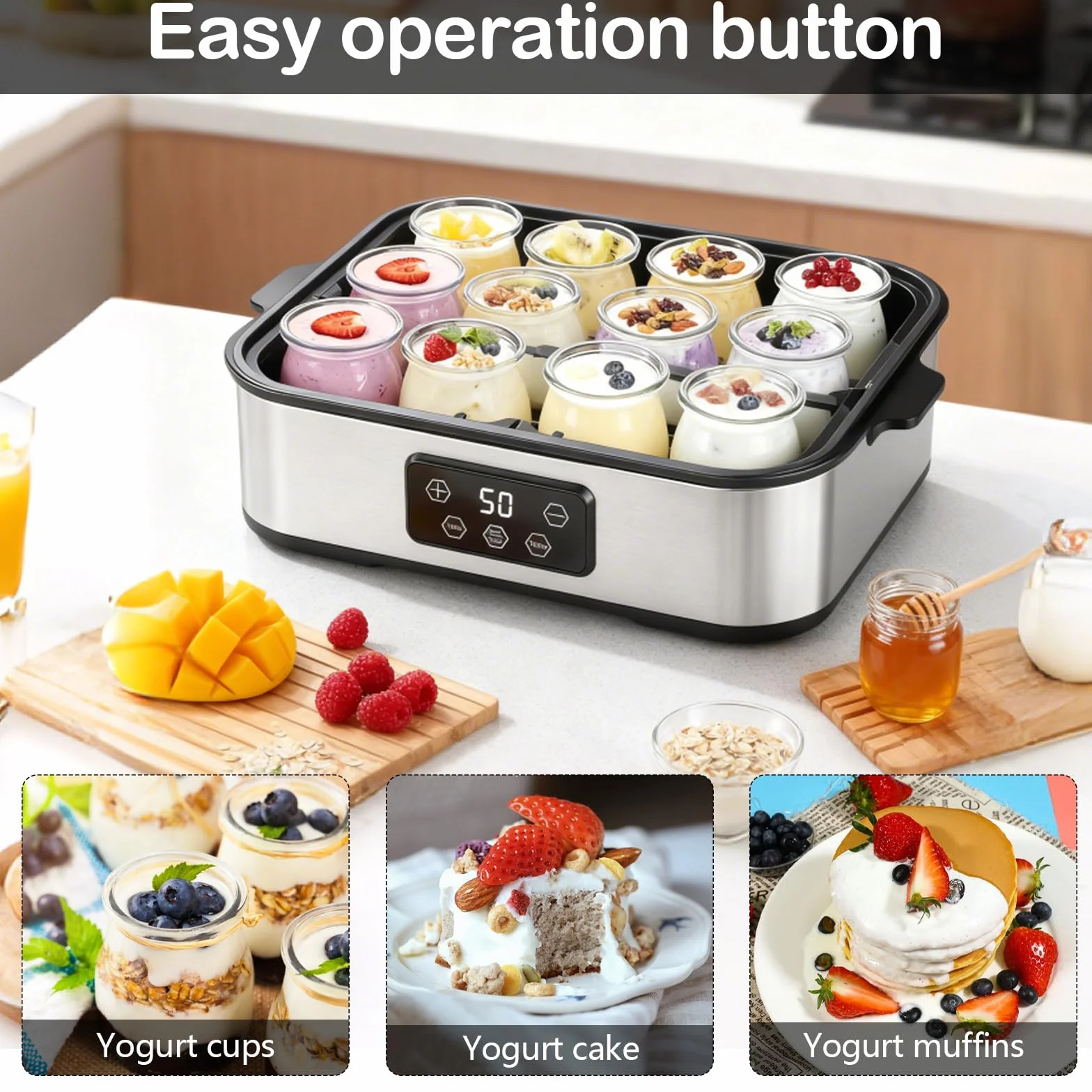 Yogurtera Digital 2,2 L, Máquina para Hacer Yogur con Tarros, Temperatura Constante 20-55 °C, 12 × 180 ml