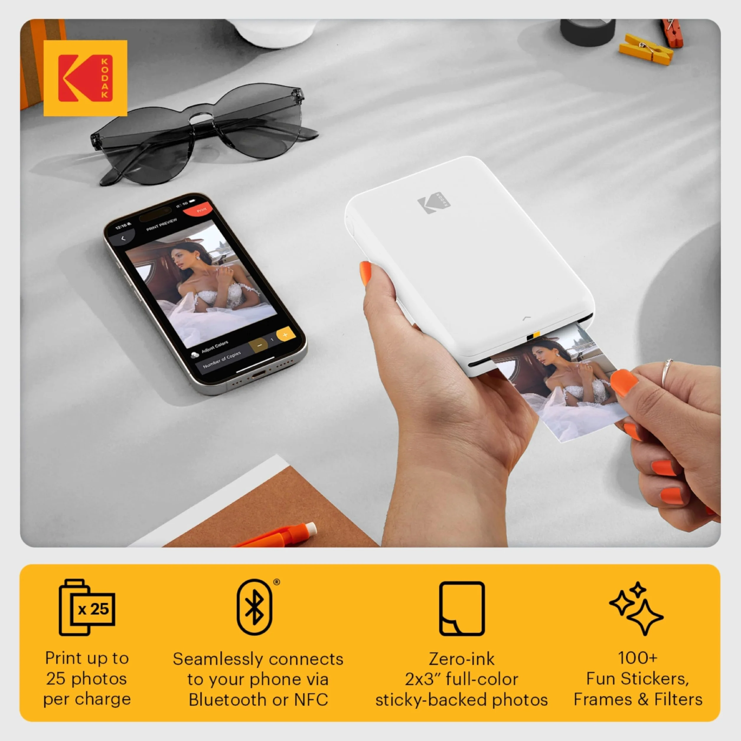KODAK Impresora Step, impresora fotográfica móvil inalámbrica con tecnología ZINK y aplicación para iOS y Android (blanca), paquete de regalo
