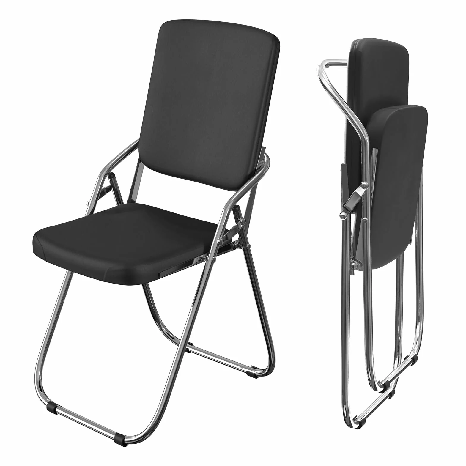Silla Plegable de Metal con Piel Sintética Tapizada, Negra, para Hogar y Oficina