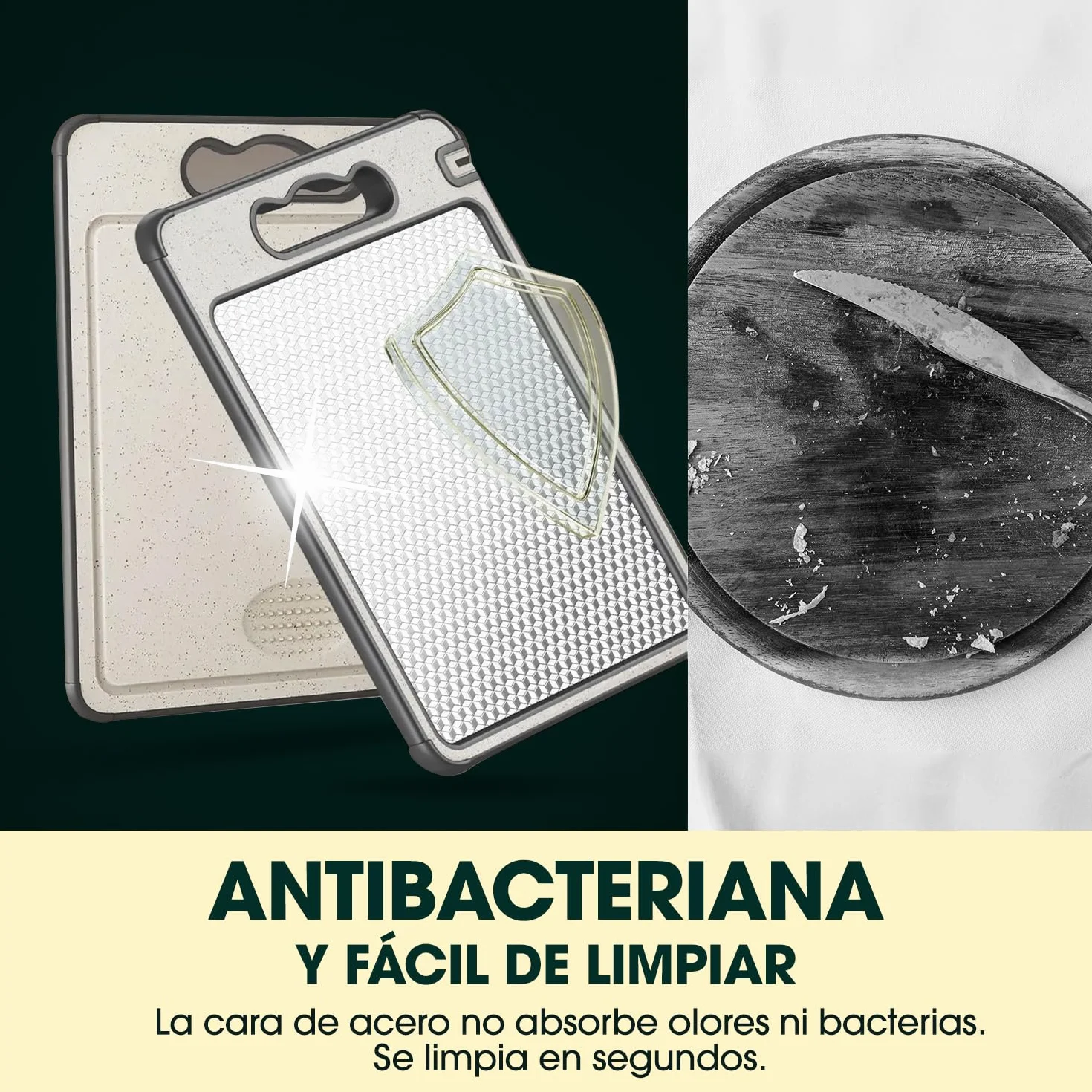 Tabla de Cortar Acero Inoxidable 36x25 cm - Doble Cara Antibacteriana para Carne y Verduras