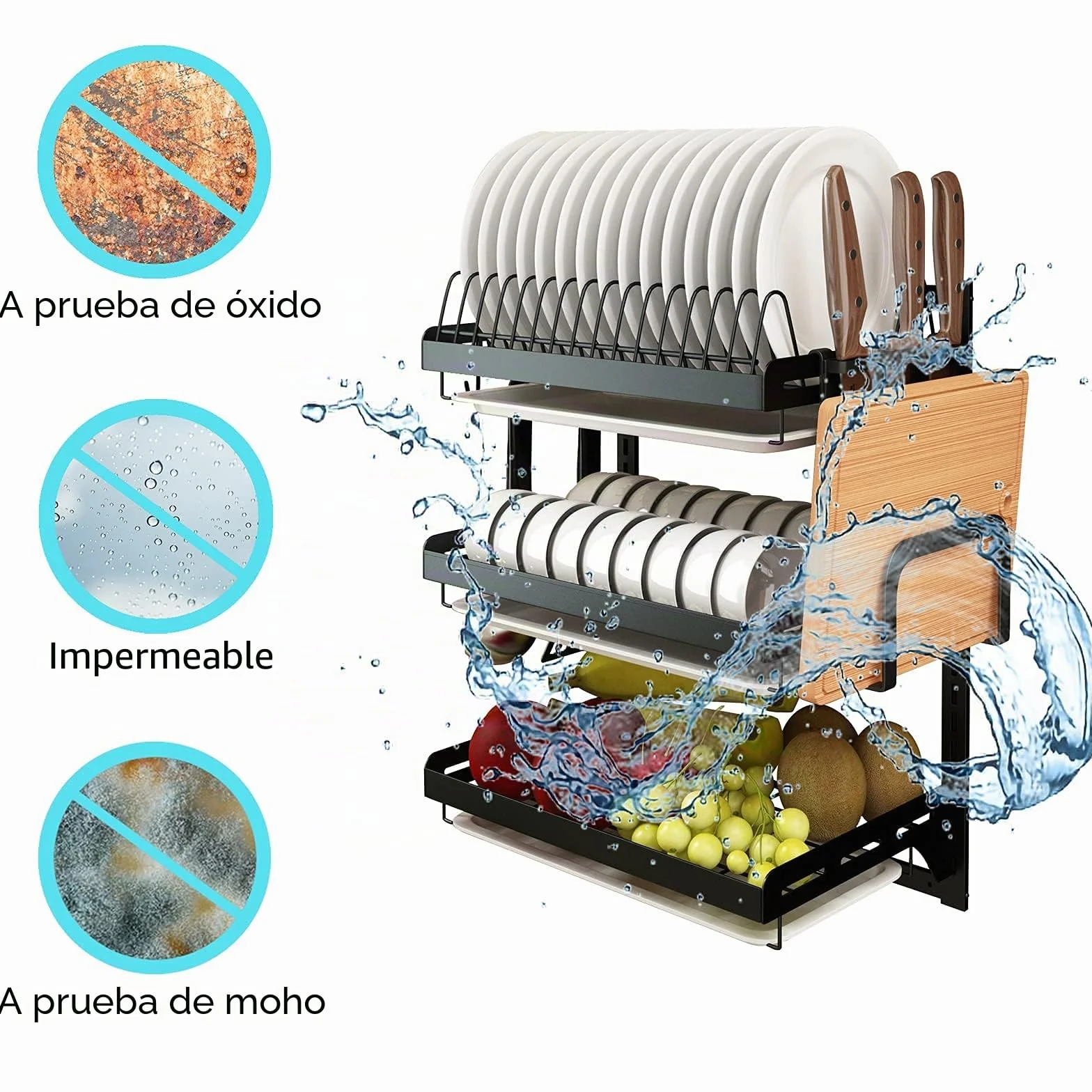Estante de secado de platos de acero inoxidable montado en la pared, 3 niveles con escurridor