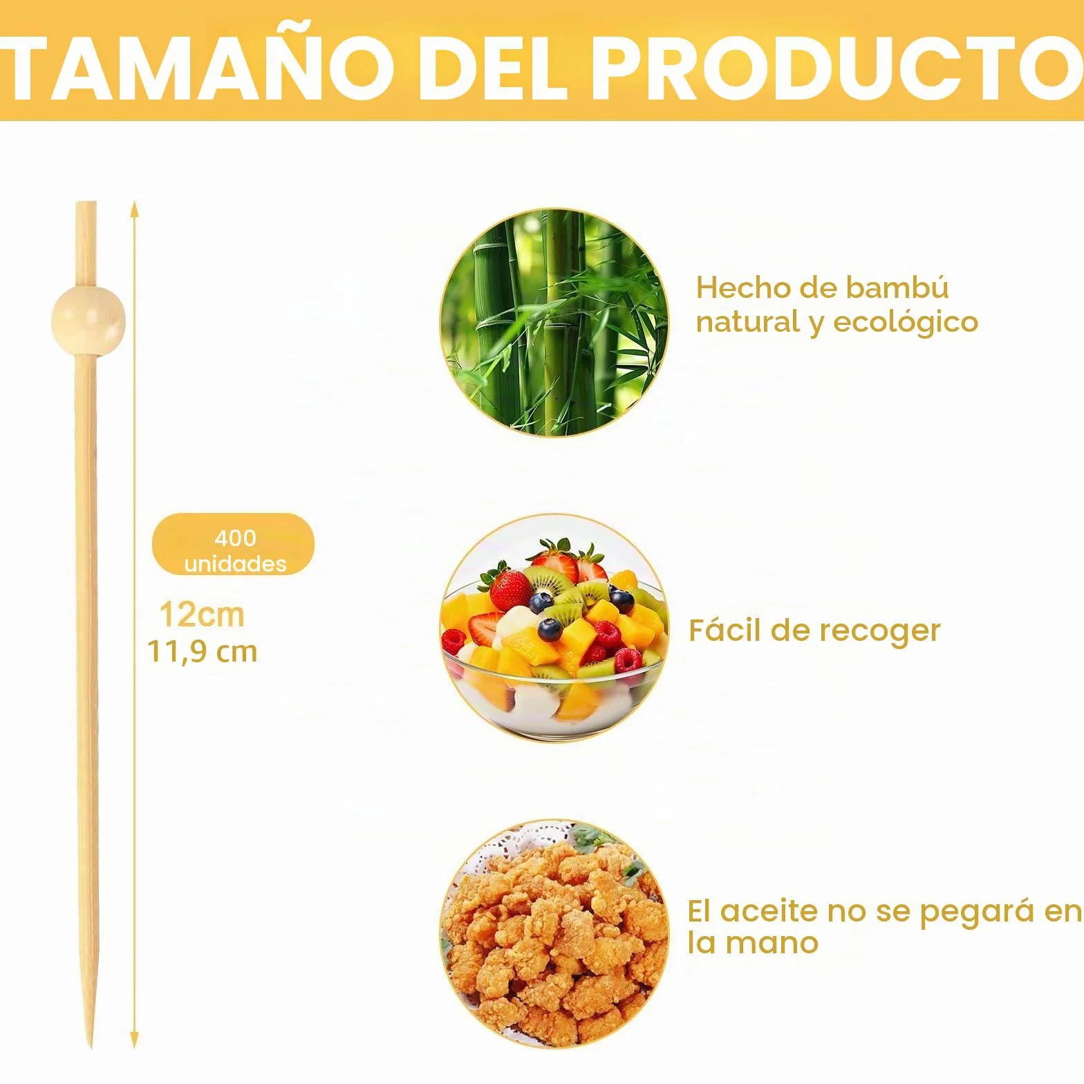 Palillos Cóctel Bambú 12 cm 400 Piezas Fingerfood