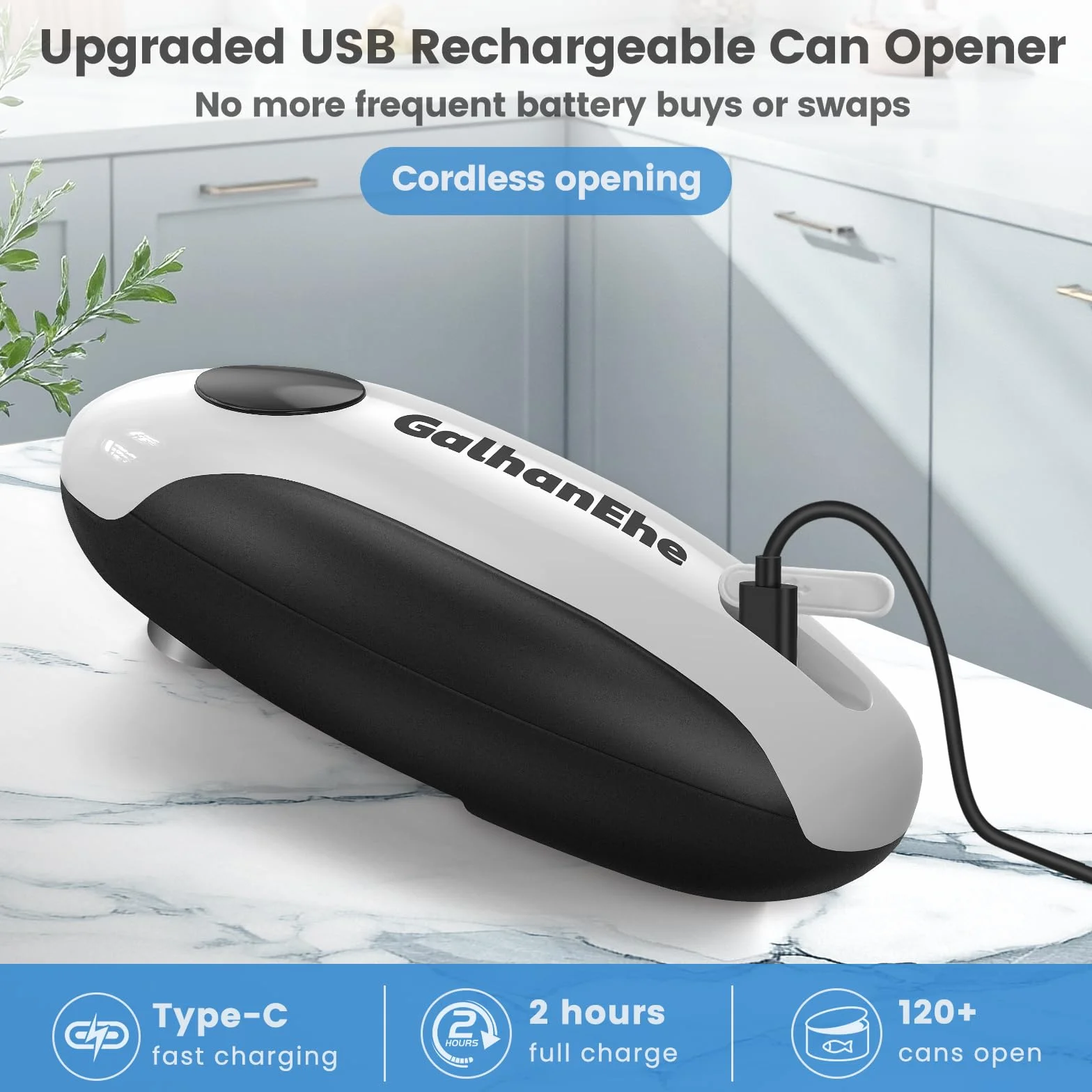 Abrelatas Eléctrico Recargable Automático Un Solo Toque Blanco y Negro