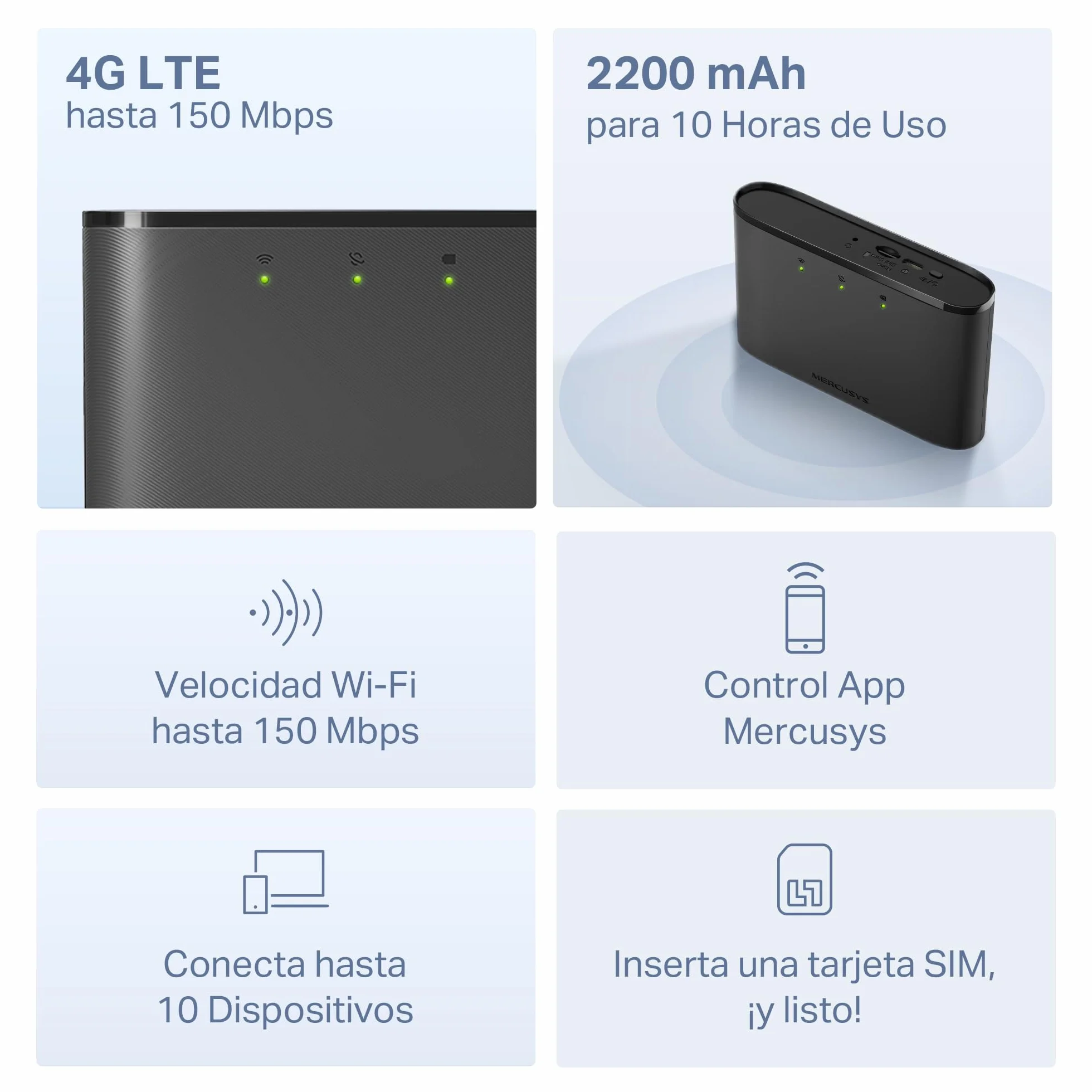 [2024 Neuvo] Mercusys MT110 - Router 4G móvil, 4G Mi-Fi LTE Cat 4 150 Mbps, Batería de 2100 mAh, Conexión hasta 10 Dispositivos, Play y Plug con Tarjeta Nano SIM