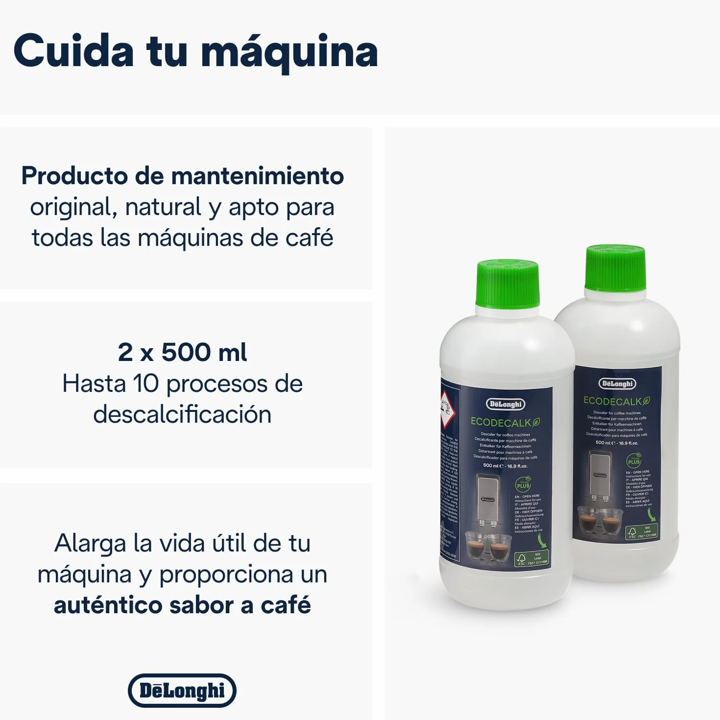 De'Longhi DLSC502 EcoDecalk Descalcificador Universal para Cafeteras Automáticas, 2 x 500 ml
