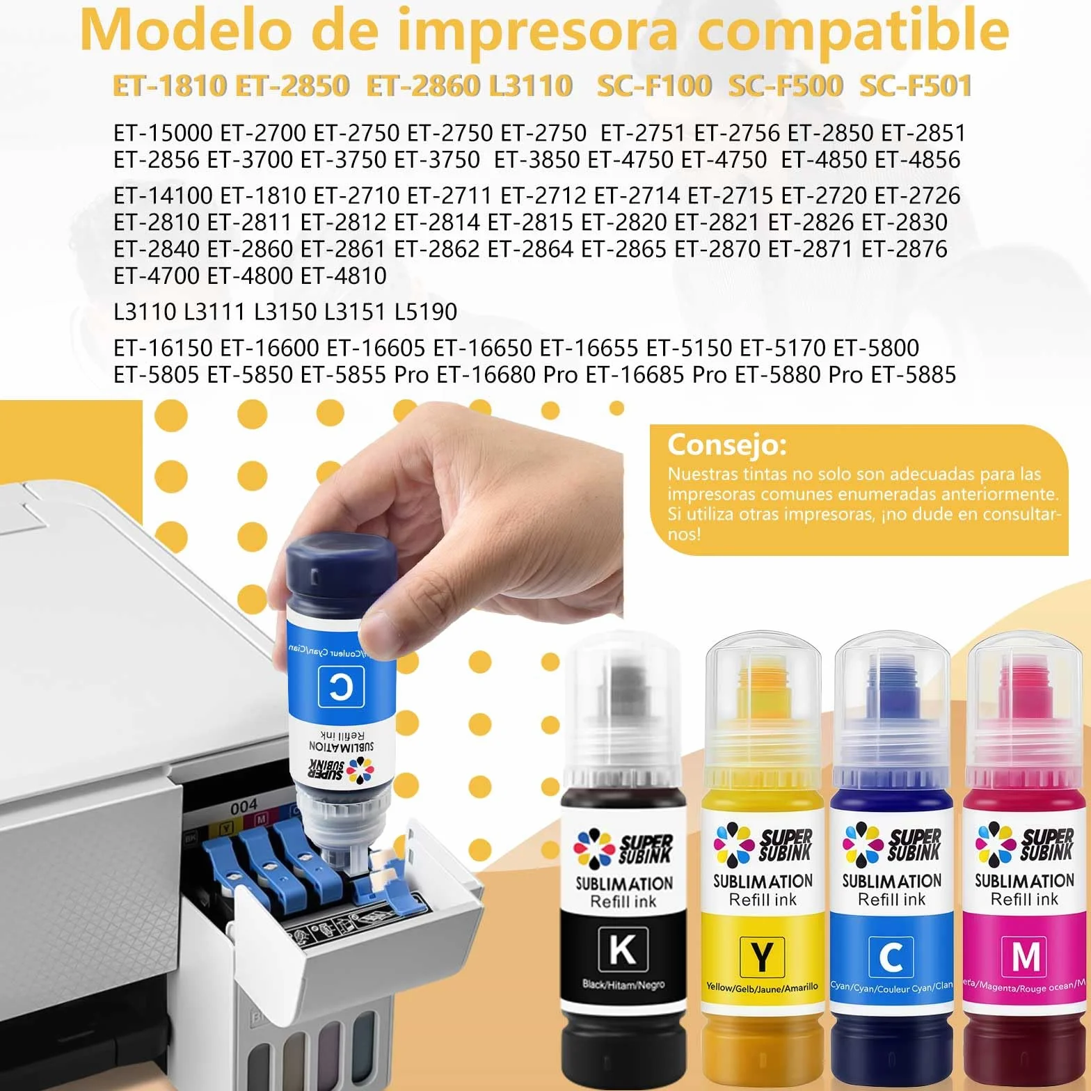 Tinta sublimacion Compatible EcoTank 1810 2810 ET-2850 2830 2815 4810 Impresora (Autofill/ICC-Free/Anti-UV)