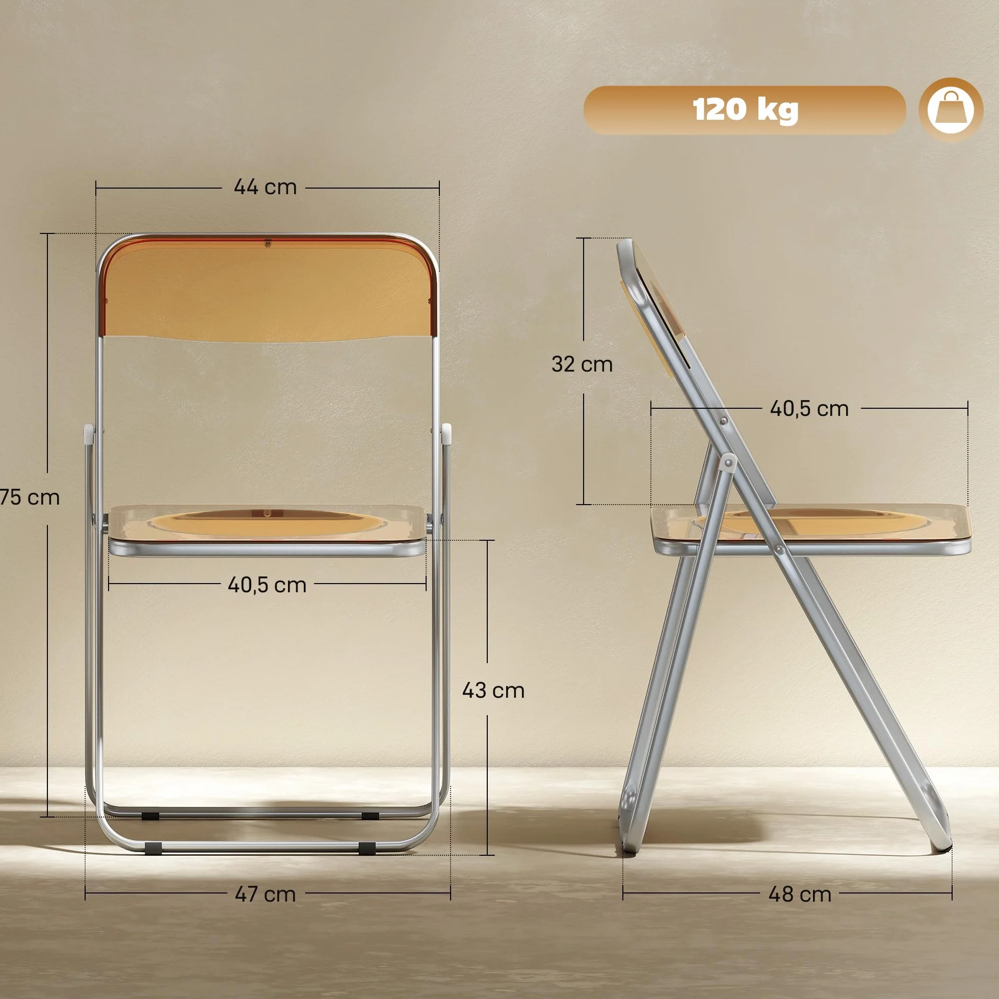 HOMCOM Juego de 4 sillas plegables de acrílico y acero, portátiles, 47 x 48 x 75 cm, naranjas