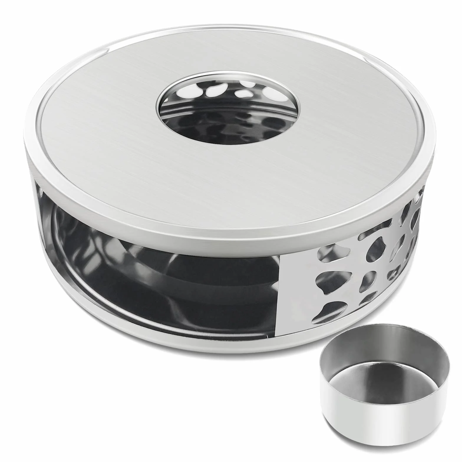 Uootach Calentador de Tetera de Acero Inoxidable con Portavelas, Calentador de Té Calentador de café, Calentador de Base Redonda con candelabro, Ahuecar Aislamiento, Apto para teteras y cafeteras