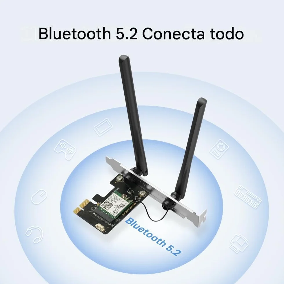 Mercusys MA80XE-Tarjeta WiFi PCIe, AX3000, 2402 Mbps, WiFi 6, Bluetooth 5.2 | Tarjeta de Red PCIe. WiFi 6 con Bluetooth. Disipador Térmico. Instalación Interna. Compatible con Windows.