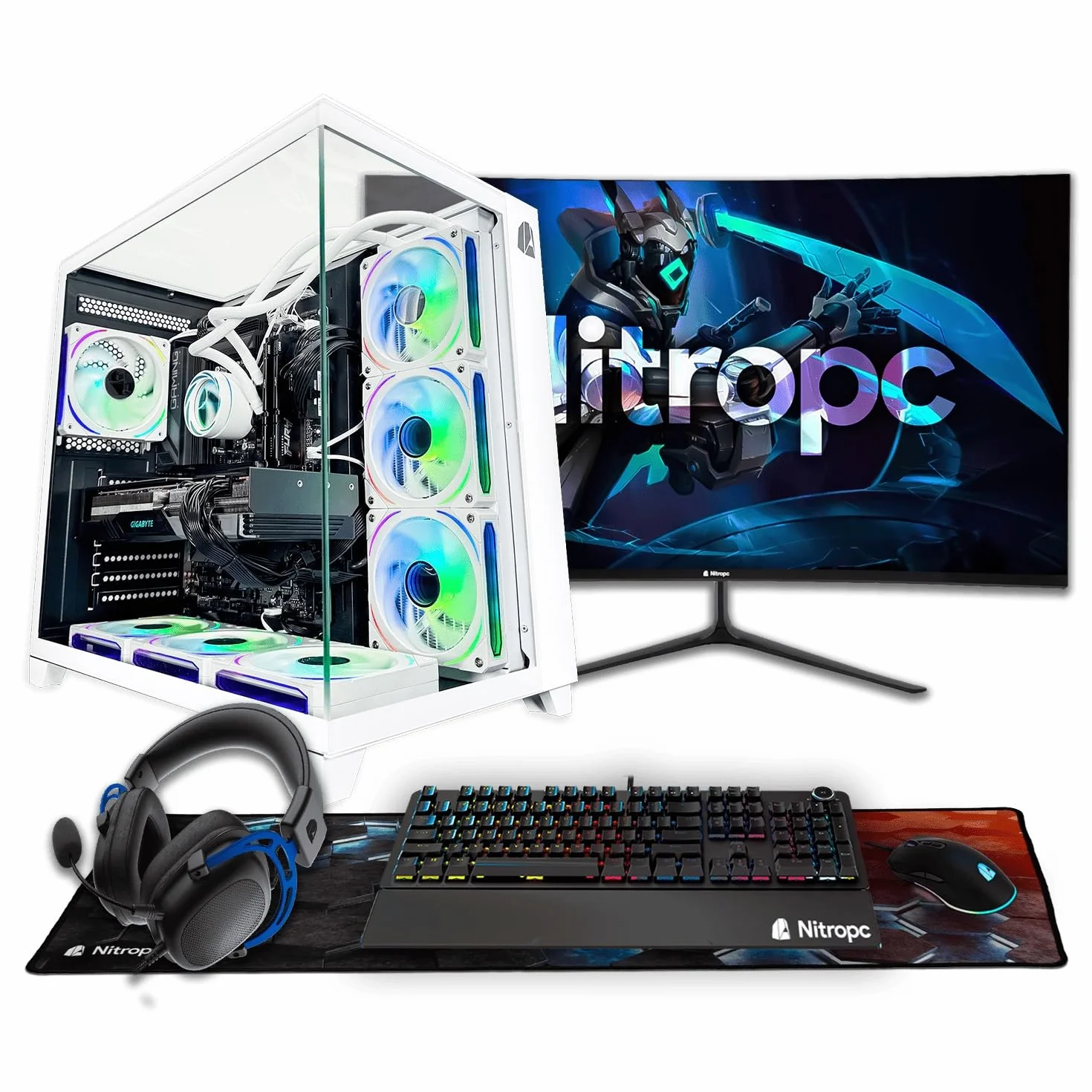 NitroPC - Pack Nitro Plus | PC Gaming Completo (Intel i9 12900K 16/24 5.2GHz, RTX 5070 12GB, RAM 32GB, M2 2TB, Windows 11, RGB | WiFi, Monitor Curvo 27", Teclado, ratón, Cascos) PC sobremesa (Blanco)