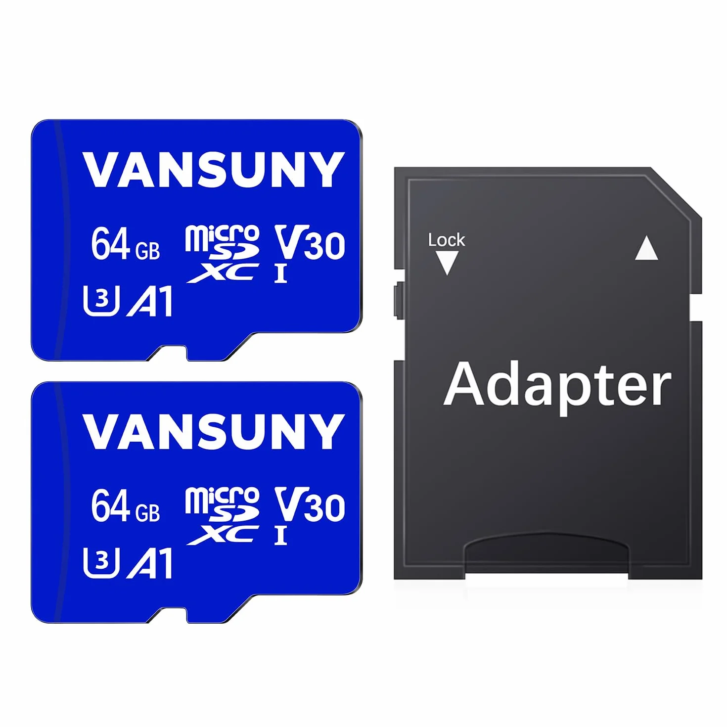 Vansuny Tarjeta Micro SD 64GB 2 Pack con Adaptador SD Micro SD 64GB Velocidad de 90 MB/s (A1, UHS-I, Clase 10, U3, V30)