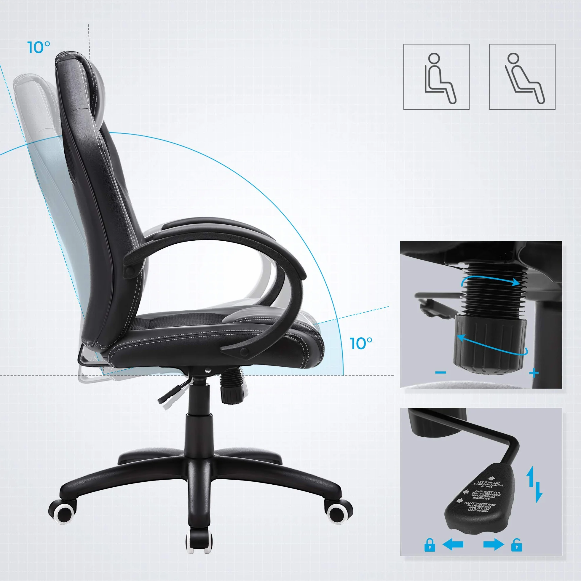 SONGMICS Silla de Escritorio Ergonómica Regulable con Ruedas OBG56B Negro