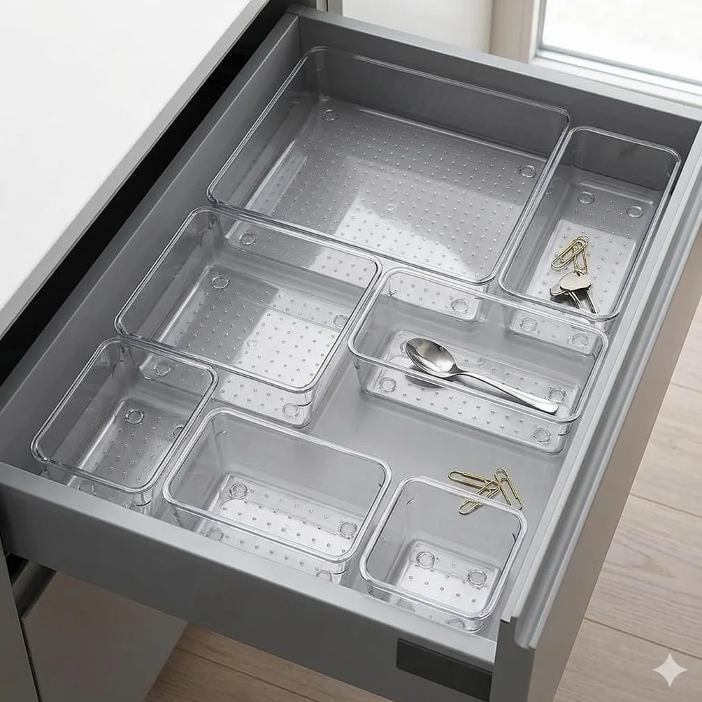 Organizador de Cajones 25 Piezas - Set de Organizadores Transparentes Apilables de Plástico Resistente Antideslizante para Cocina y Baño