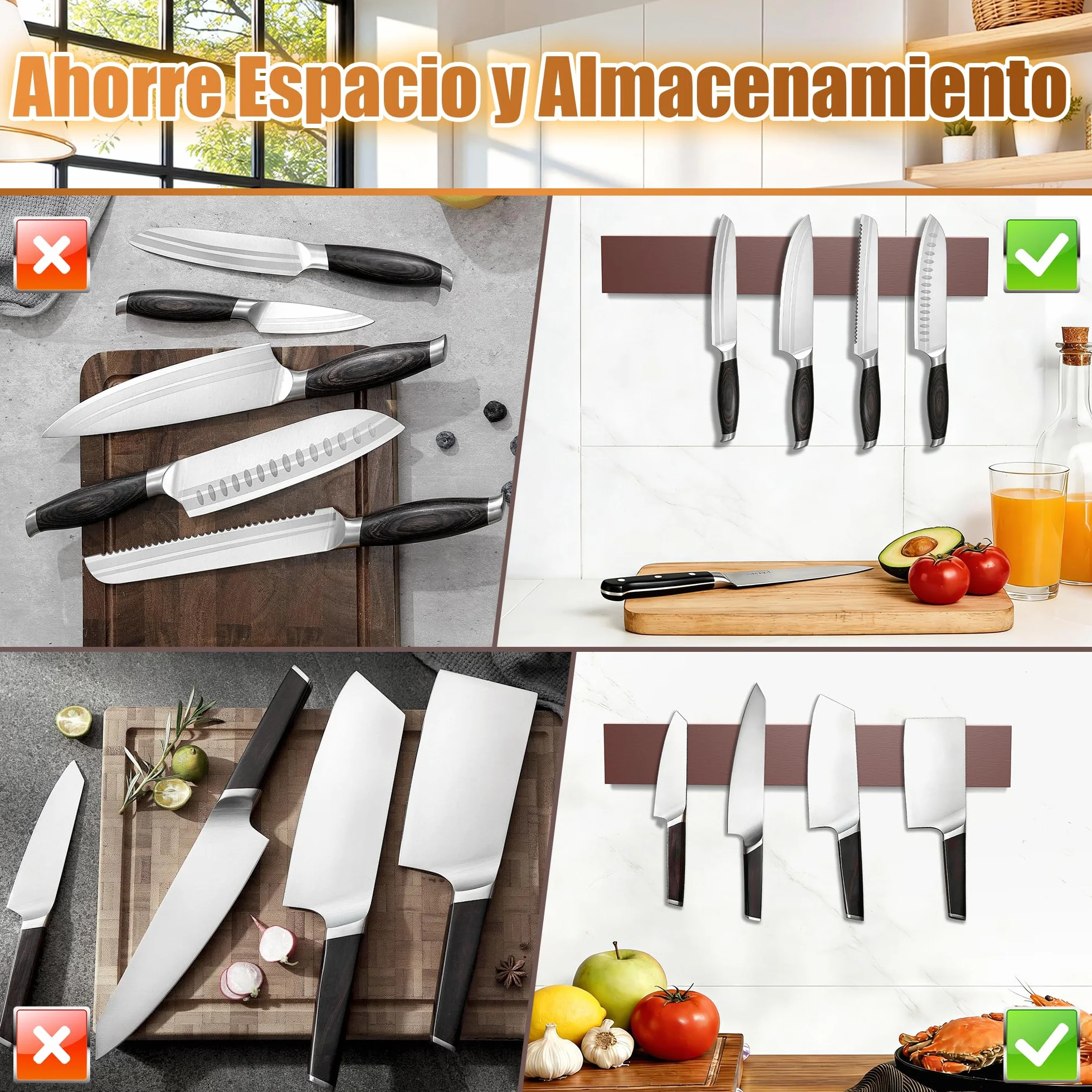 Soporte Cuchillos Cocina Magnético 40 cm, Organizador Cuchillos Madera con Imanes Adhesivos y 2 Ganchos Autoadhesivos