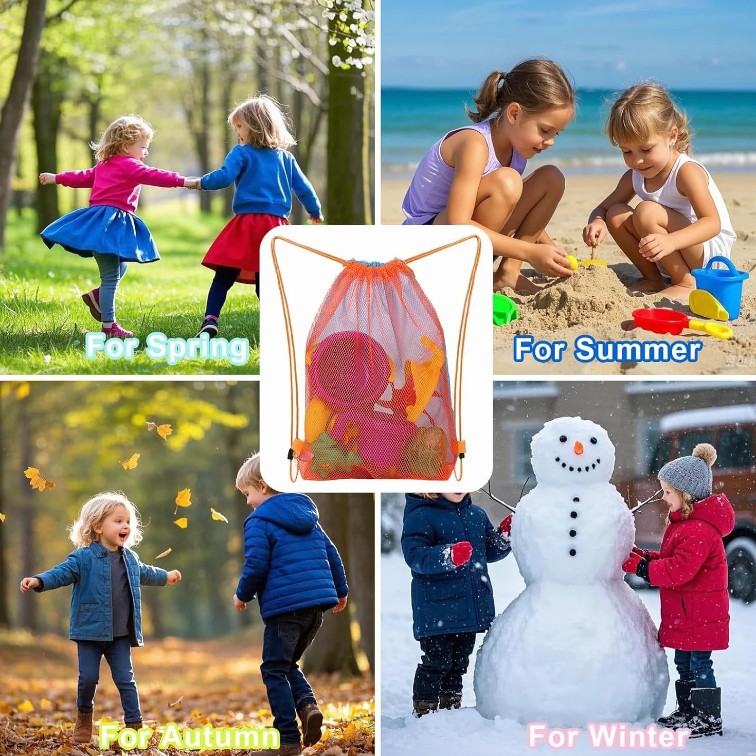 Bolsas de juguetes de playa para niños - Mochilas de malla con cordón para almacenamiento de arena, redes ligeras y duraderas
