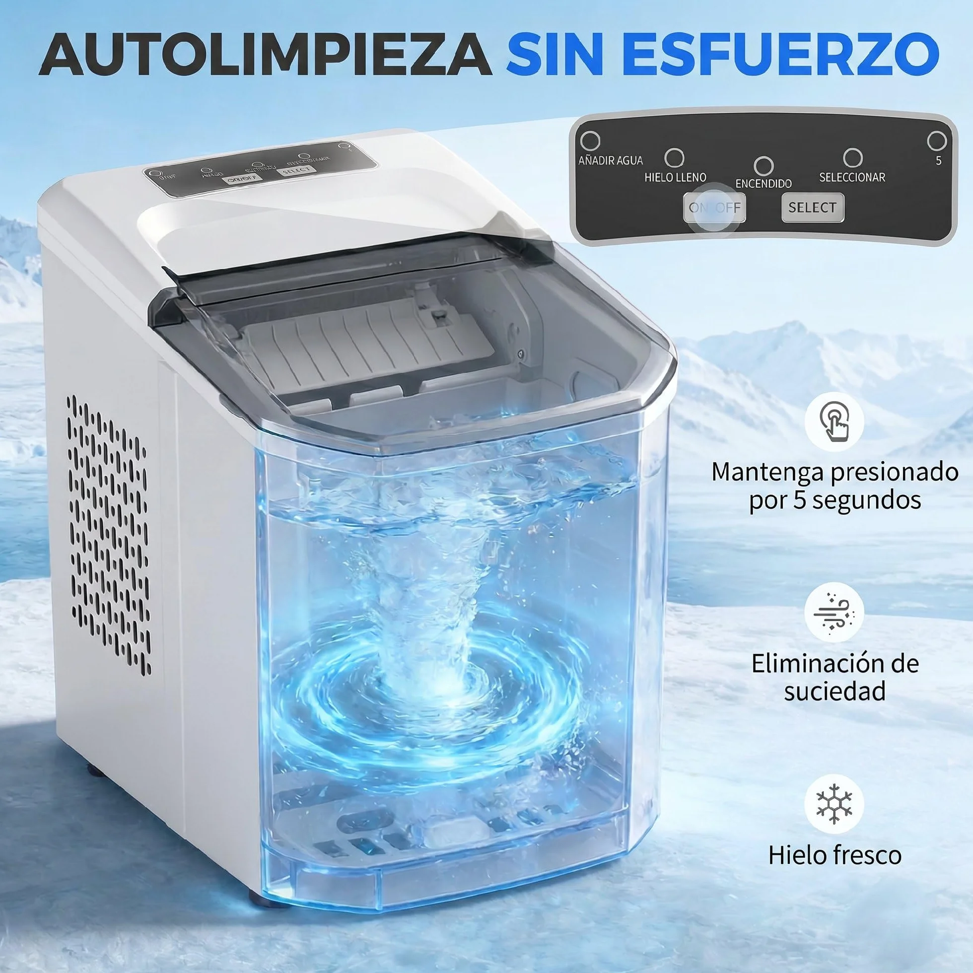HOMCOM Máquina de Hielo Autolimpiable 12 kg/24H 9 Cubitos en 7 Min 2 Tamaños 1,5L Depósito Blanco