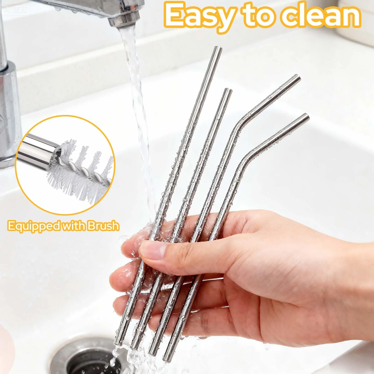 Set de 16 Pajitas Reutilizables de Acero Inoxidable – 8 Rectas y 8 Curvas con 2 Cepillos y Bolsa