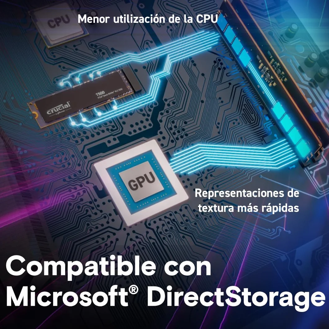 Crucial T500 SSD 1TB PCIe Gen4 NVMe M.2, hasta 7300 MB/s, TLC NAND, Compatible con Ordenador Portátil y de Sobremesa, Disco Duro Interno, Microsoft DirectStorage - CT1000T500SSD8
