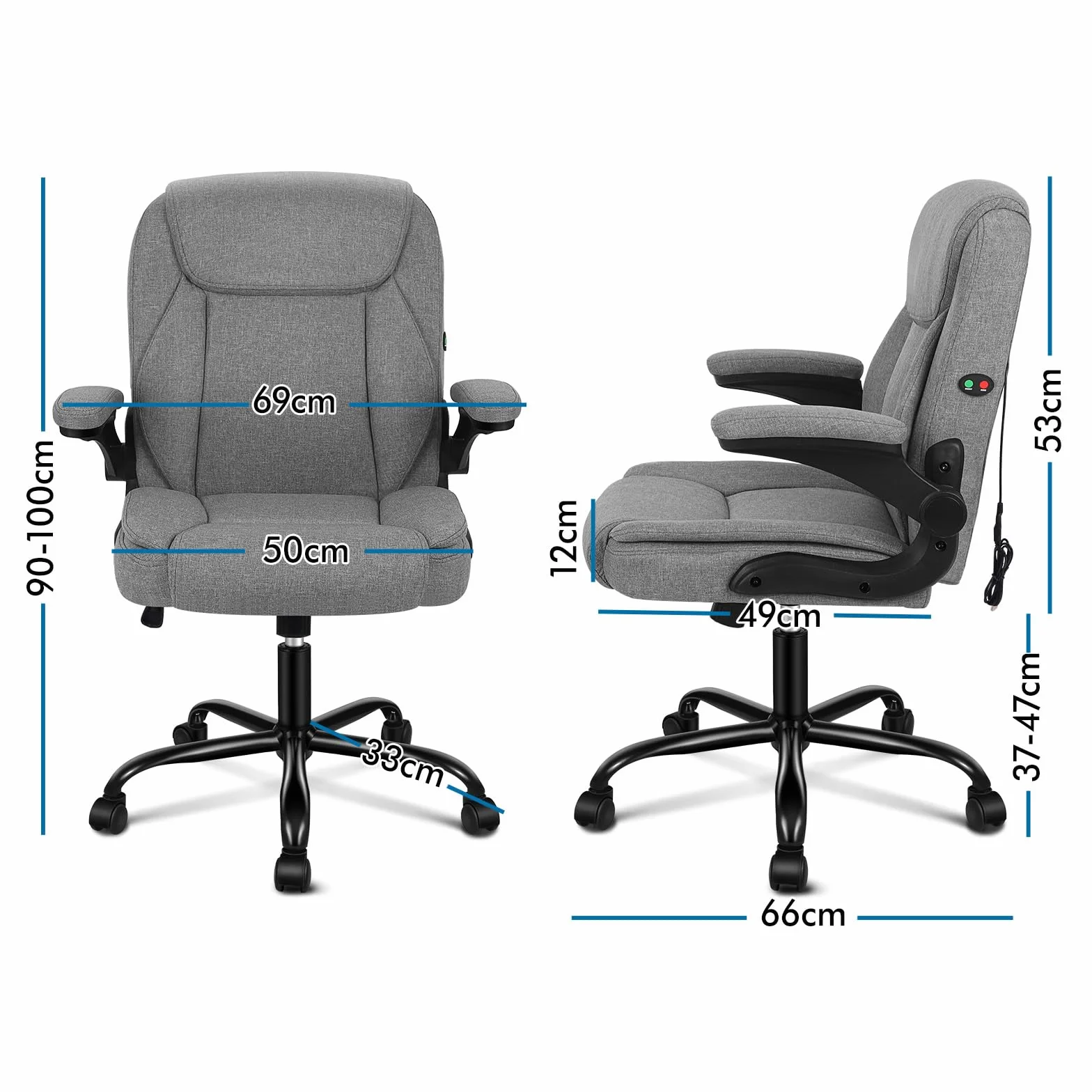 ALFORDSON Silla Oficina Ejecutiva con Masaje, Ergonómica Escritorio Reposabrazos Abatible, Inclinación, Respaldo Medio, Tela de Lino Gris
