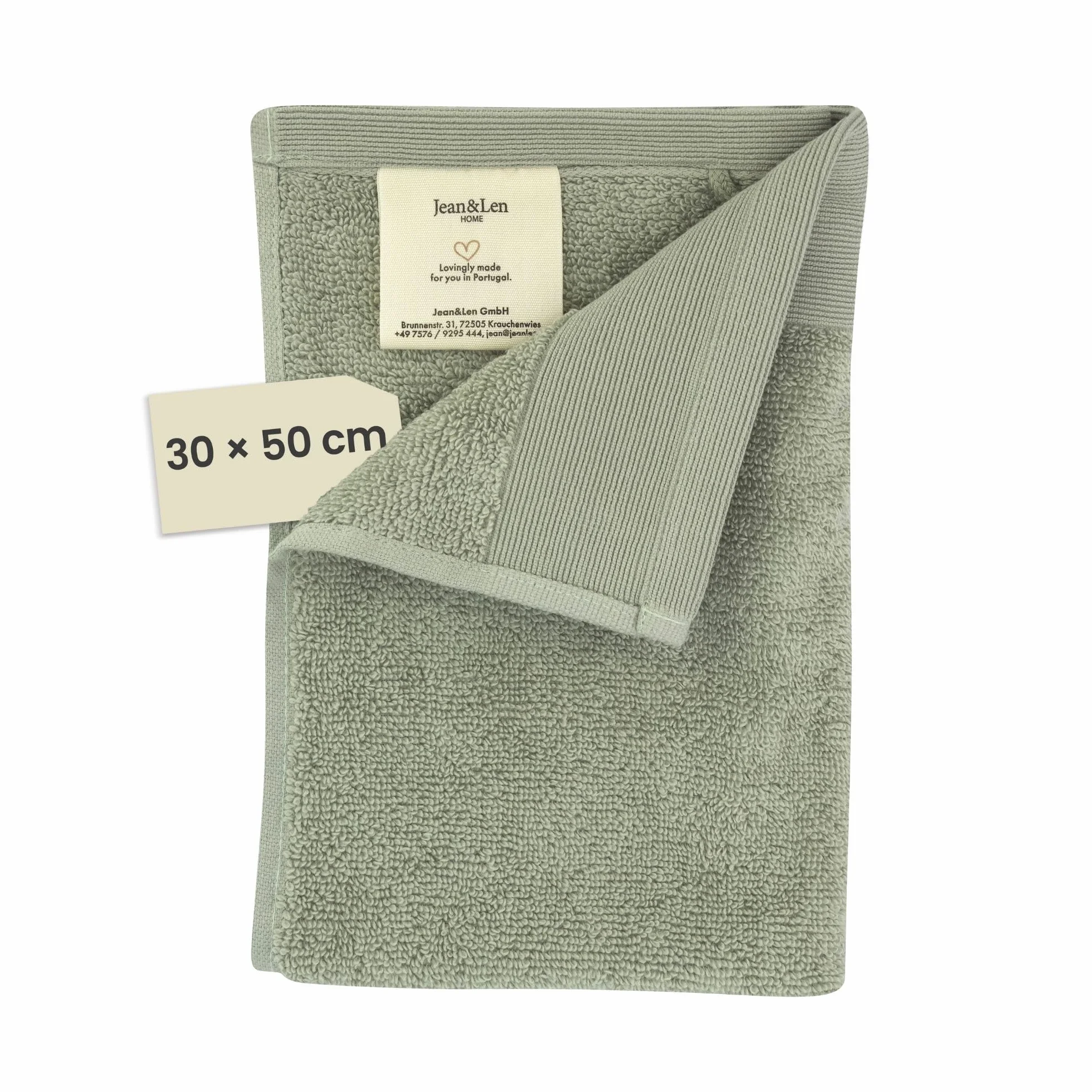 Jean & Len Toalla para Invitados algodón 100% orgánico, Color Salvia, con Gancho, Certificado Oeko-Tex y Gots, Etiqueta de la Marca en Cuero Vegano, Toallas para Invitados 30 x 50 cm