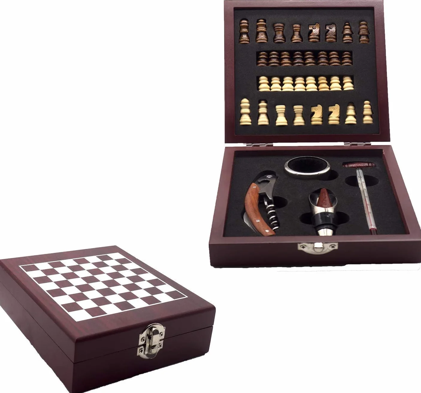 InnovaGoods Juegos de accesorios para vino 2en1 con tablero de ajedrez, sacacorchos, tapón dosificador, 32 piezas