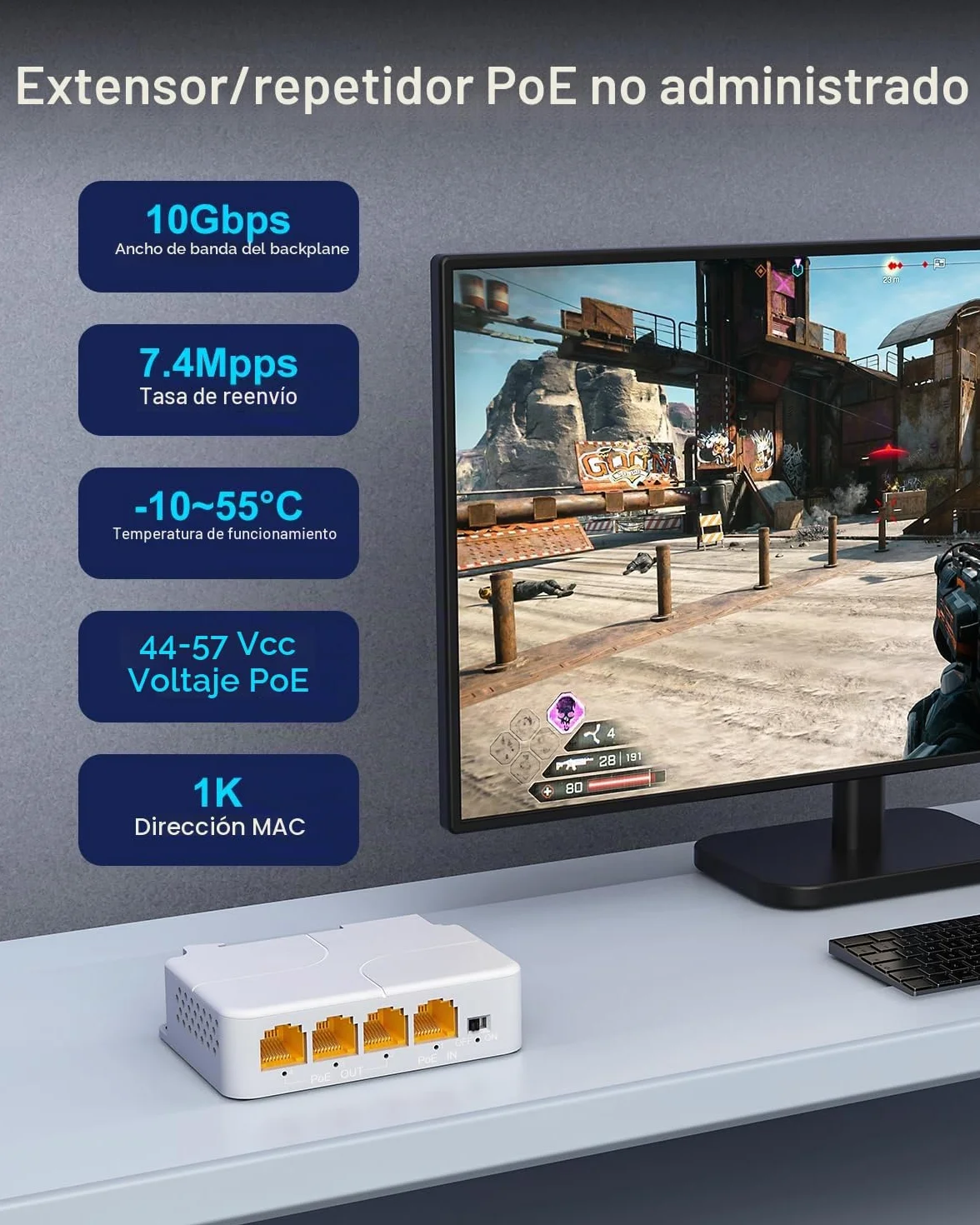 VIMIN Extensor PoE Gigabit de 4 Puertos, 1 in 3 out Repetidor PoE para Interiores IEEE802.3af/at 1000 Mbps, Extiende 100m Adicionales (328 pies), Montaje en Pared y Riel DIN, Plug & Play