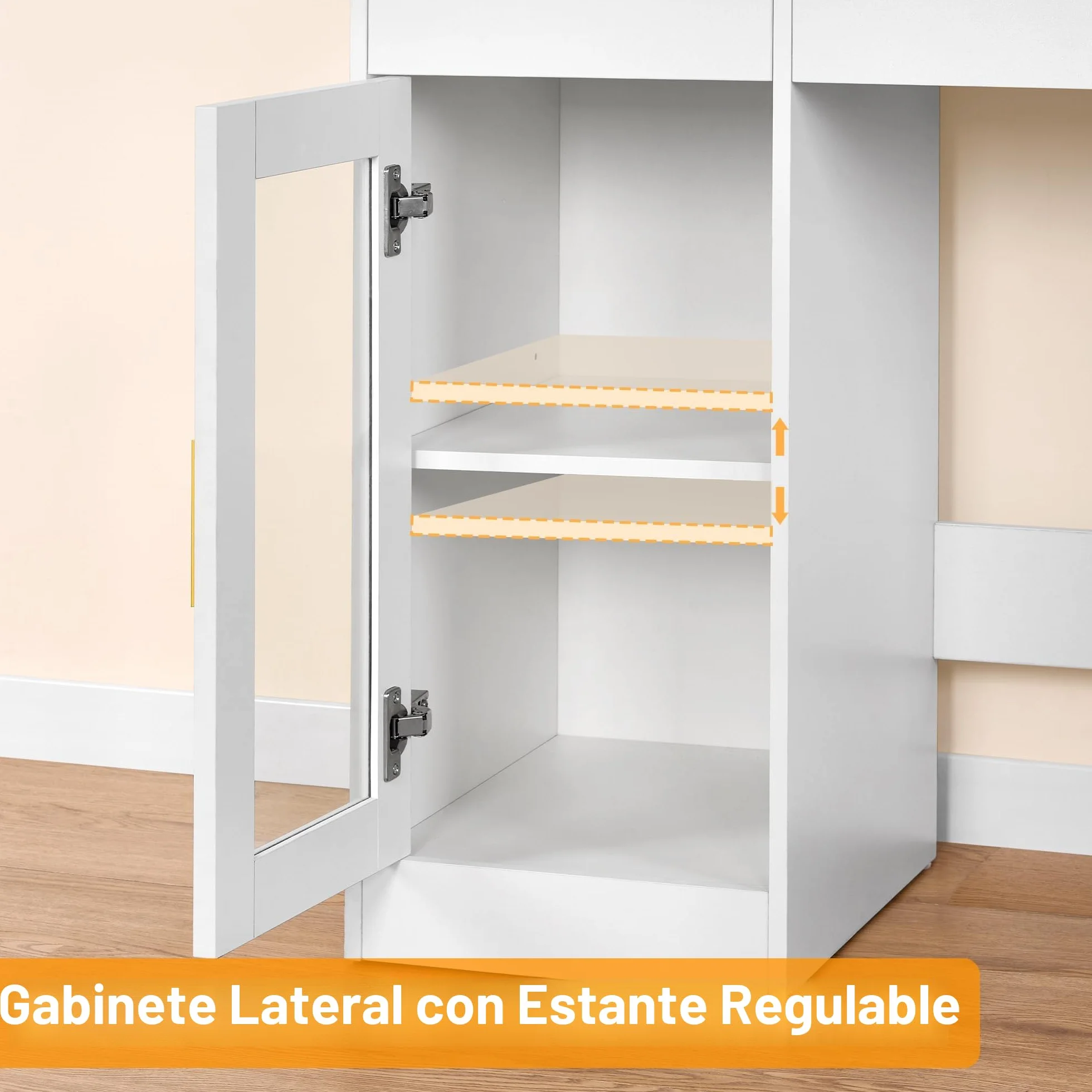 BEWISHOME Tocador con Espejo y Luces LED, Brillo Ajustable, 5 Cajones, Blanco EFST34W