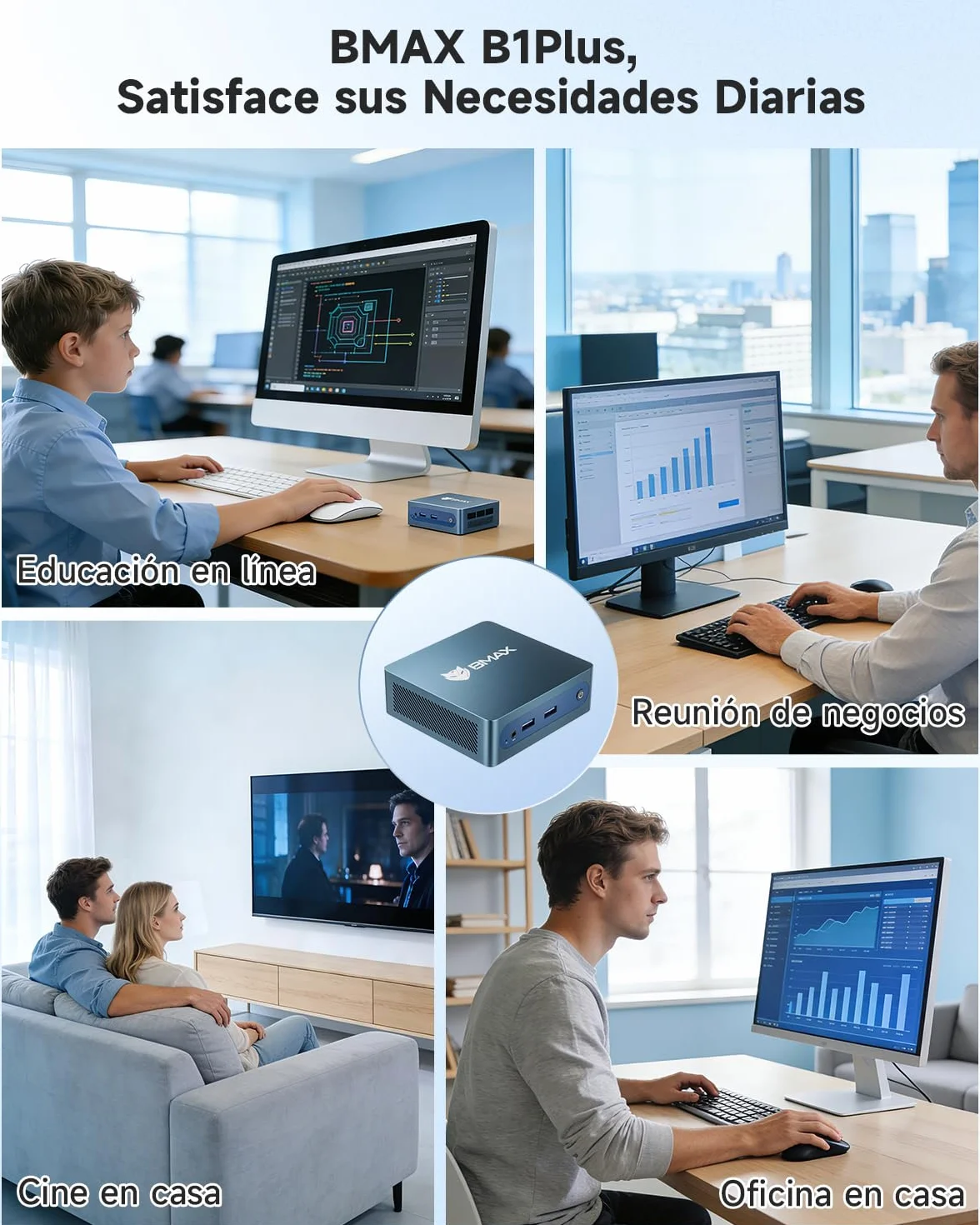BMAX B1Plus Mini PC Win 11, Intel Celeron J3355(hasta 2,5 GHz) 6 GB LPDDR3, 128 GB eMMC SSD, Mini Ordenador de Sobremesa, Micro PC,WiFi 5, BT5.0, 4K@60HZ UHD Dual Display para Oficina