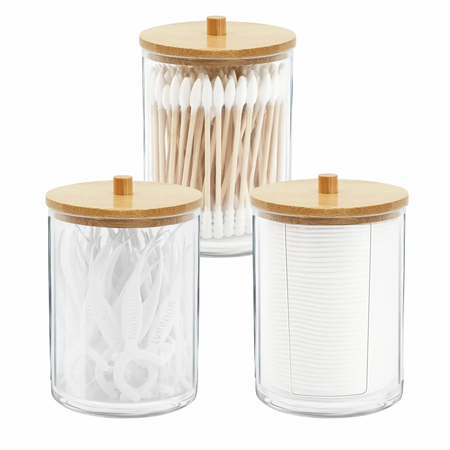Gukasxi Paquete de 3 soportes acrílicos con tapas de bambú, botes de baño, dispensador de tarros, bolas de hisopo de algodón, soporte para organizador de almacenamiento de baño (transparente A)