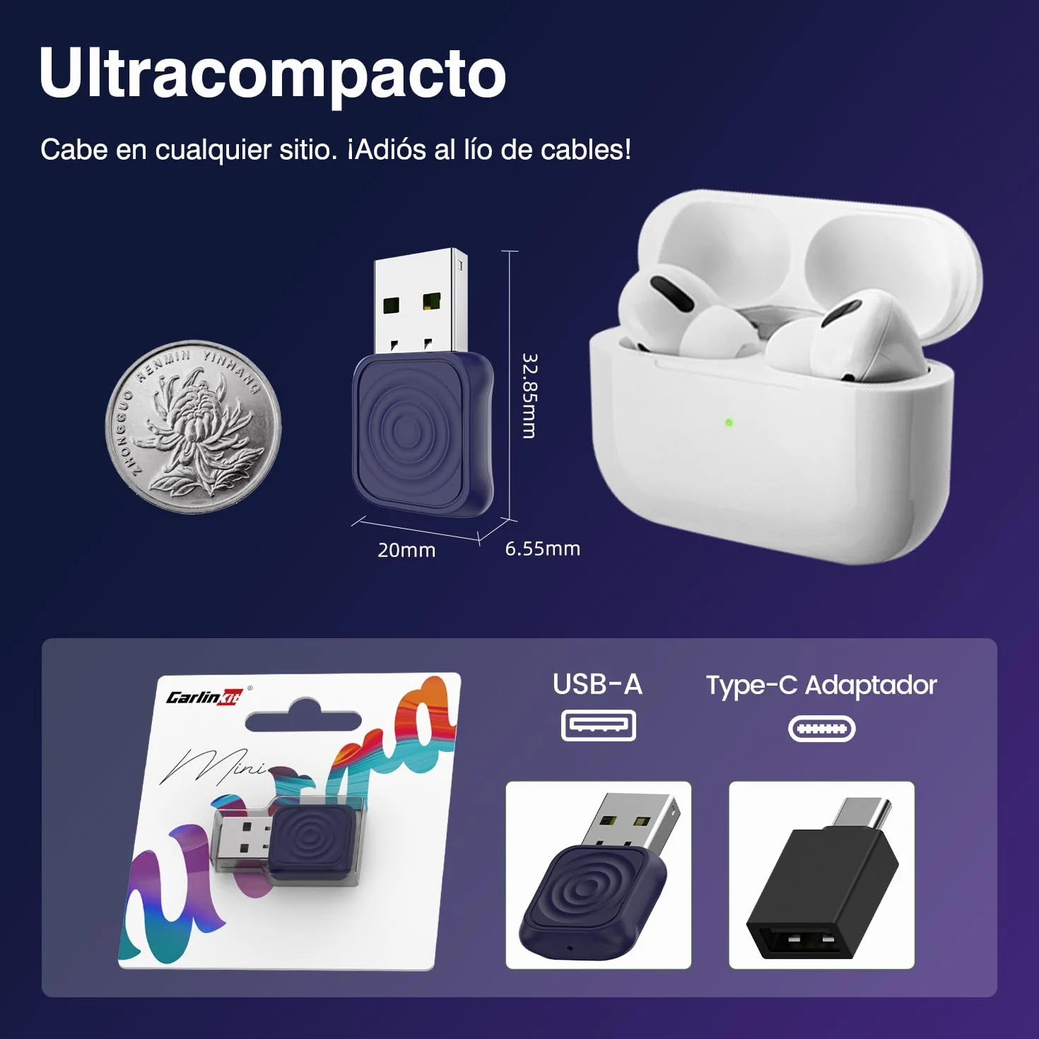 Carlinkit Adaptador inalámbrico CarPlay/Android Auto USB Mini Ultra para CarPlay con cable de fábrica y Android Auto con cable OEM, Plug & Play Wireless CarPlay/Android Auto Dongle compatible con iOS