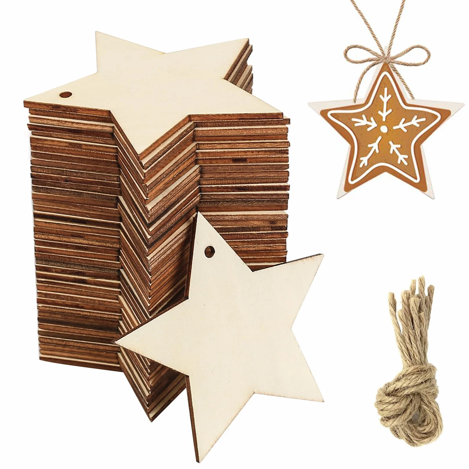 Estrellas de Madera Manualidades 40 Pcs Sin Acabado para Bricolaje Tallado Grabado Láser Pintura con Cuerda de Yute