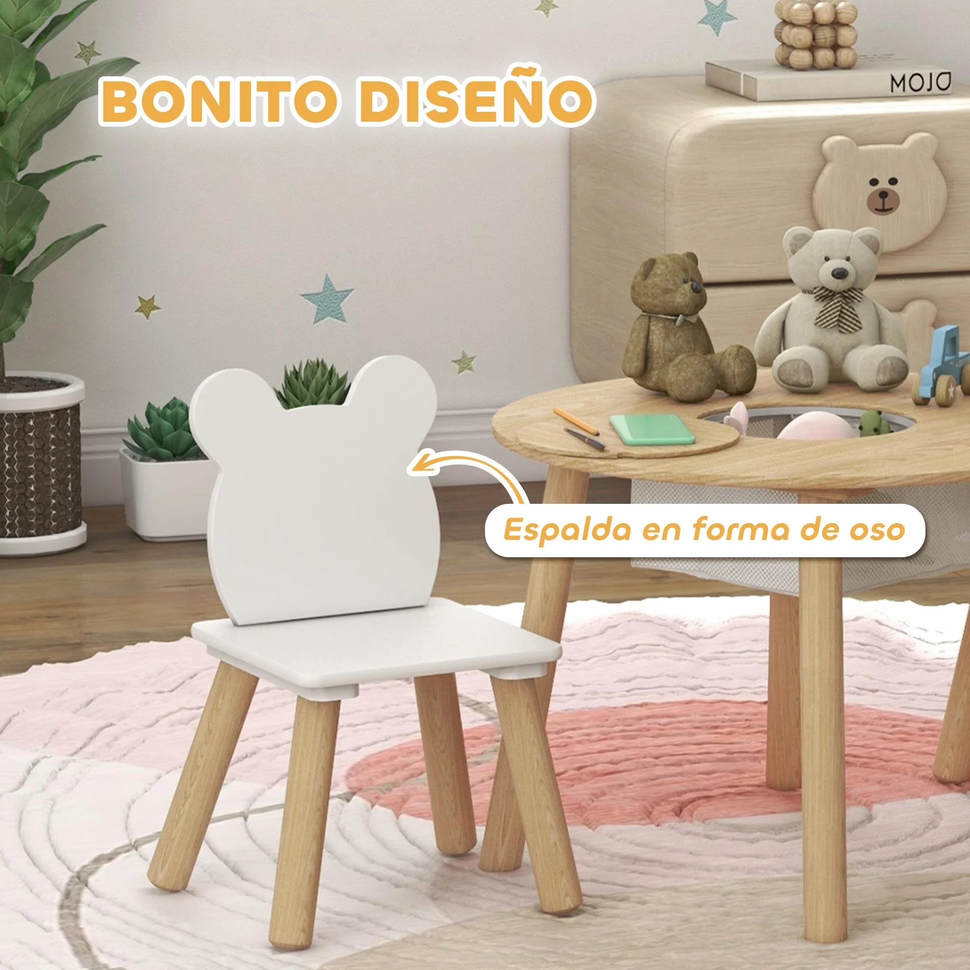 AIYAPLAY Mesa y Sillas Infantiles de 3 Piezas con Almacenaje para Niños 3-6 Años Guardería Sala de Juegos Natural