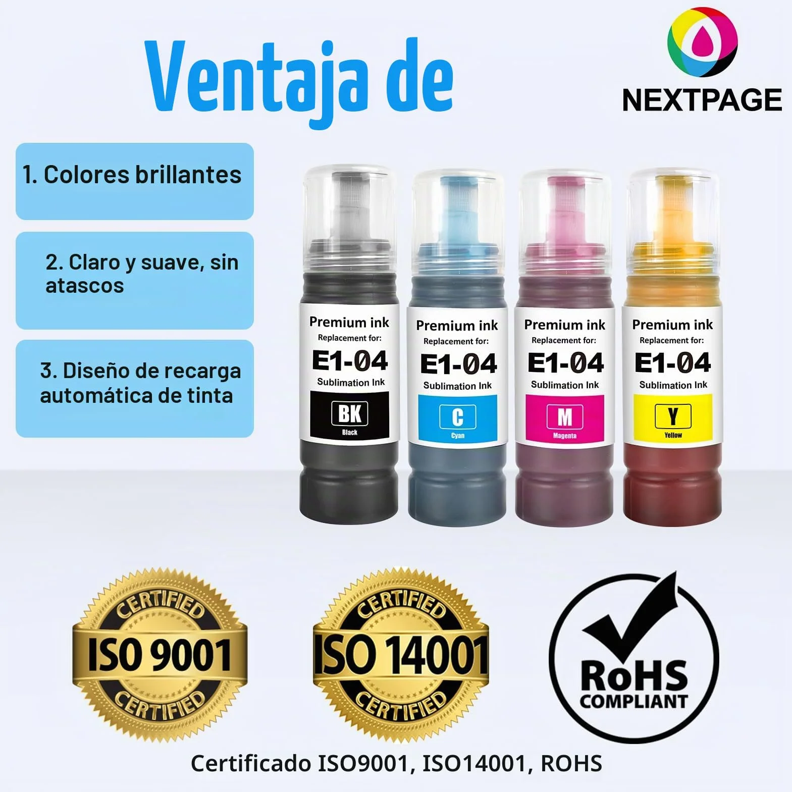 Nextpage 104 tinta de sublimación Multipack compatible con Epson EcoTank ET-1810/ET-2710/ET‑2711/ET-2712/ET-2714/ET-2715/ET-2720/ET-2721/ET-2726/ET-2810/ET-2811/ET-2811/ET-2721 T-2812 Negro Cian