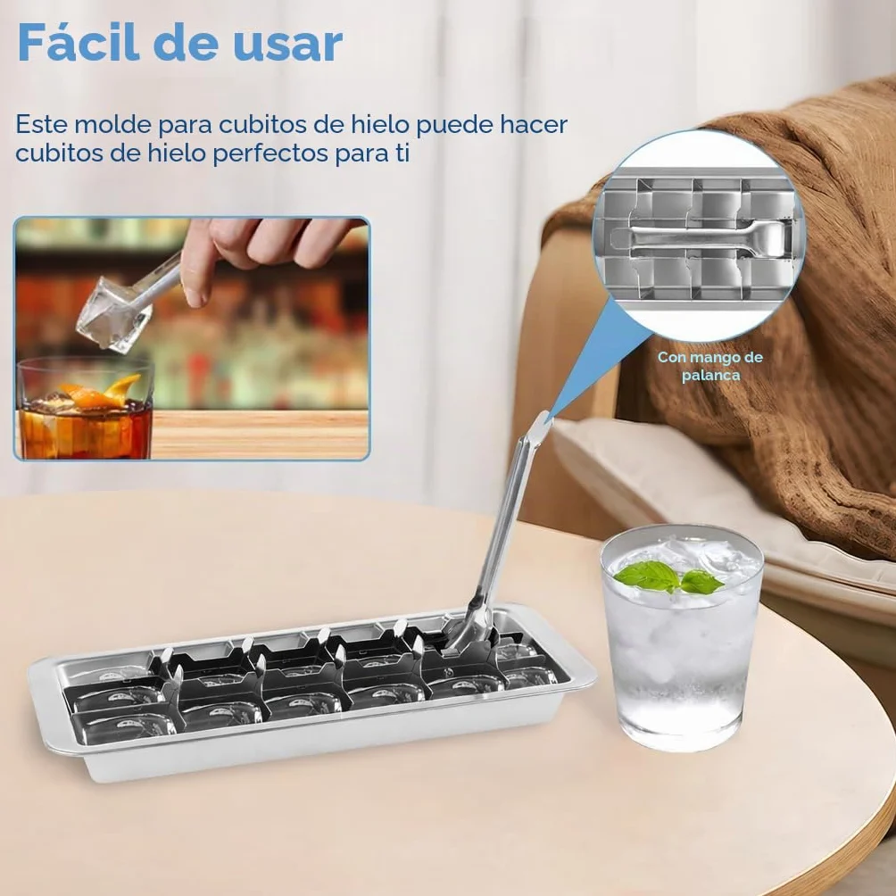 Cubitera de acero inoxidable con 18 ranuras, bandeja para hielo con asa, extracción fácil