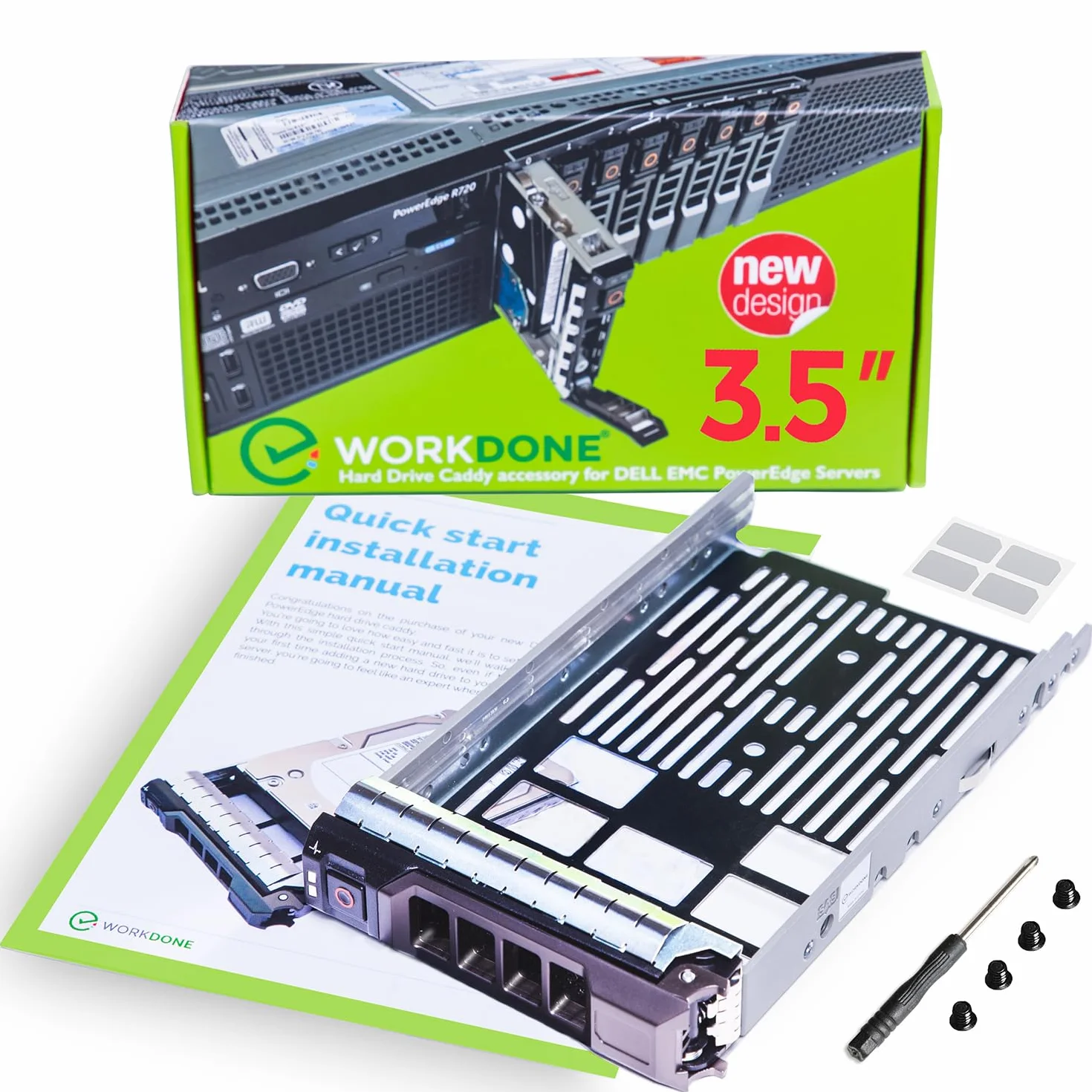 WORKDONE Bandeja HDD Caddy 3,5" - Compatible con DELL PowerEdge - Instucciones Detalladas - Etiquetas Adhesivas Parte Frontal - Destornillador - Extra Tornillos